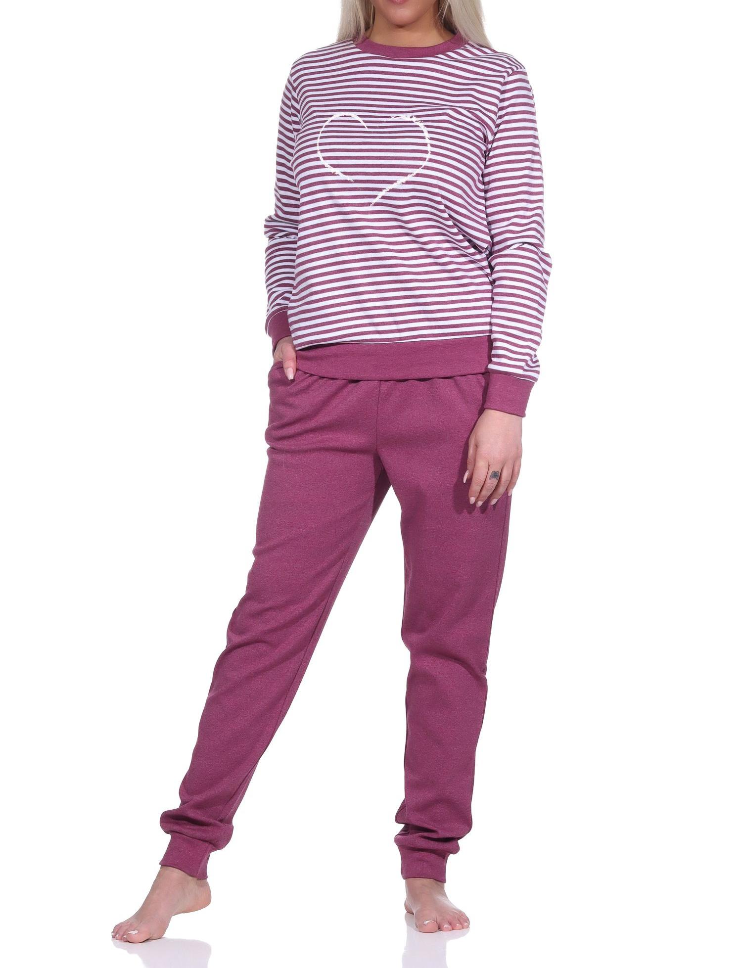 Normann Damen Frottee langarm Schlafanzug mit Bündchen + Herzmotiv - auch in Übergrössen