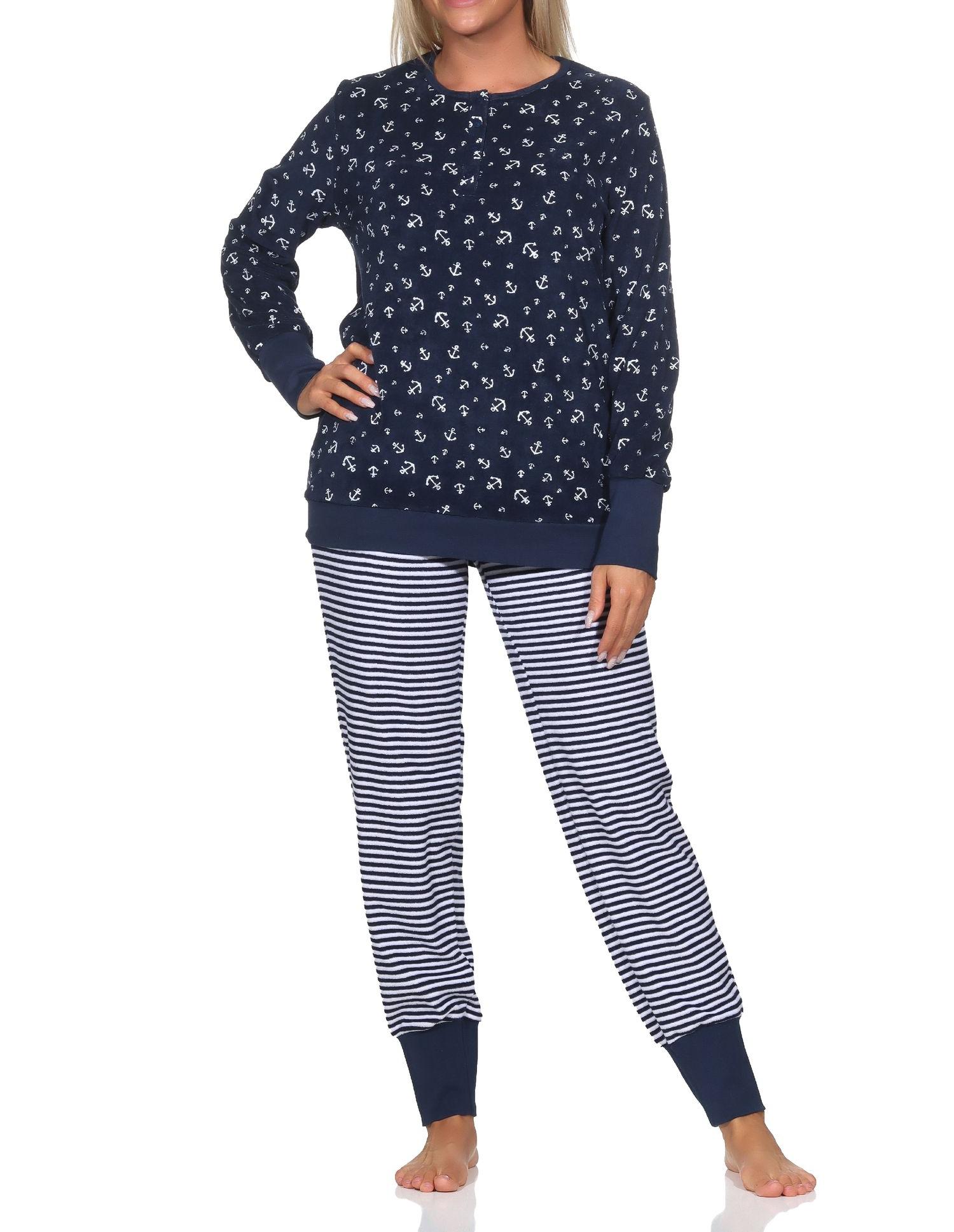 Normann Damen Frottee Schlafanzug lang mit Bündchen in maritimer Optik - auch in Übergröße