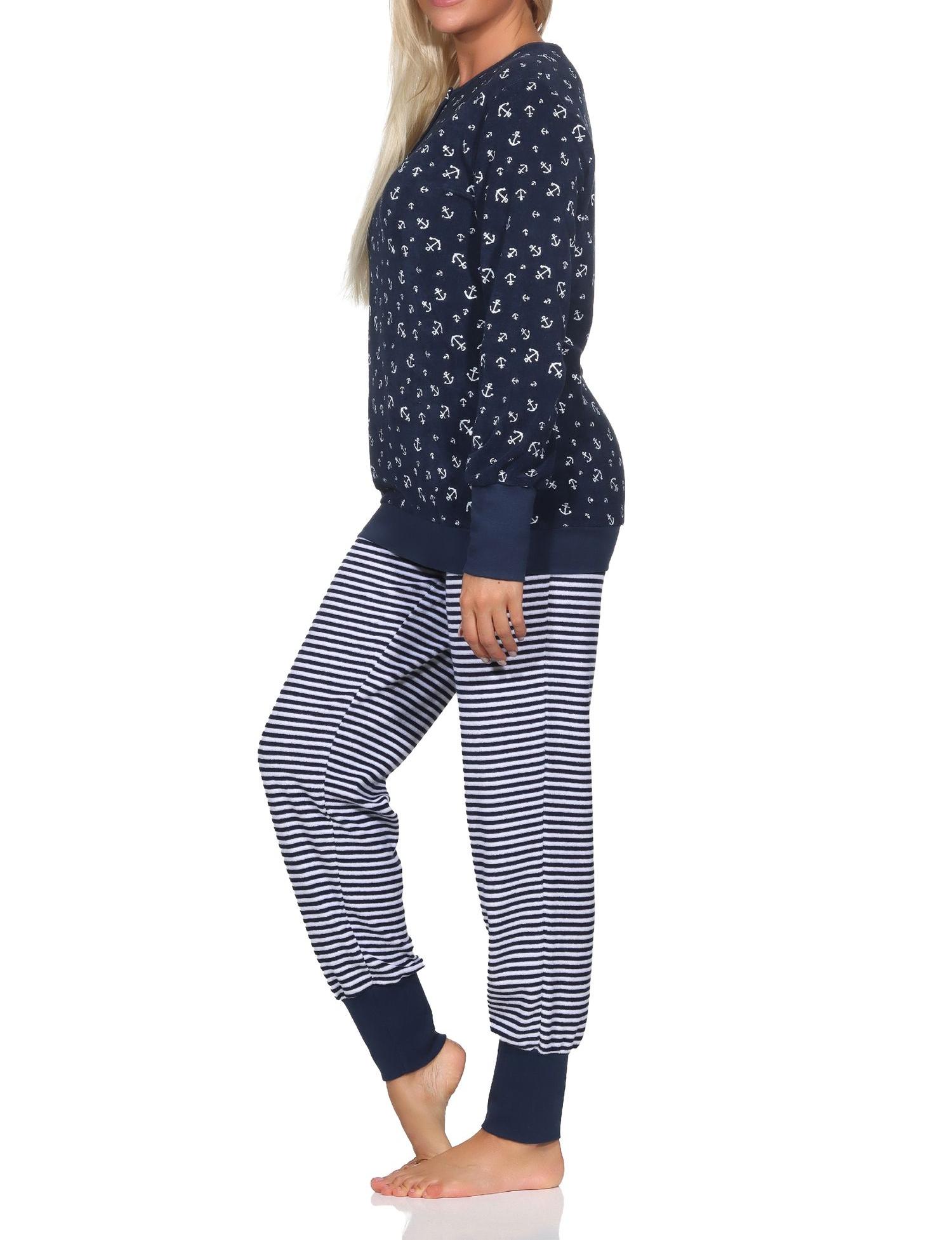 Normann Damen Frottee Schlafanzug lang mit Bündchen in maritimer Optik - auch in Übergröße