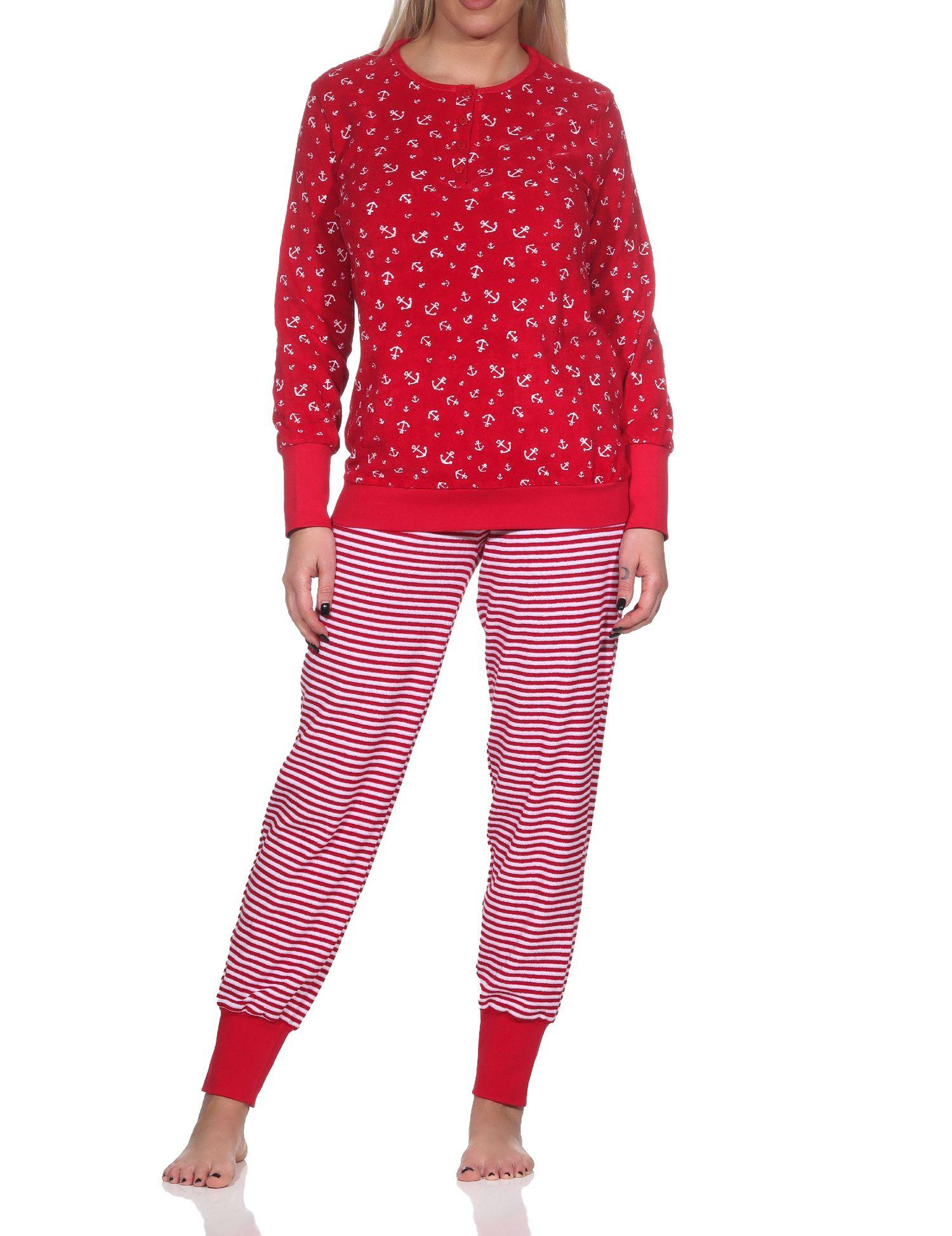 Normann Damen Frottee Schlafanzug lang mit Bündchen in maritimer Optik - auch in Übergröße
