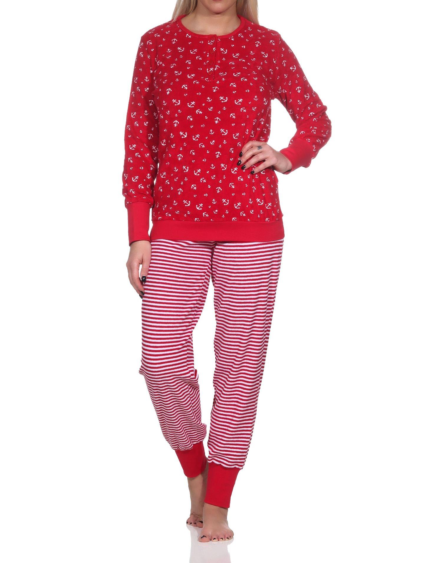 Normann Damen Frottee Schlafanzug lang mit Bündchen in maritimer Optik - auch in Übergröße