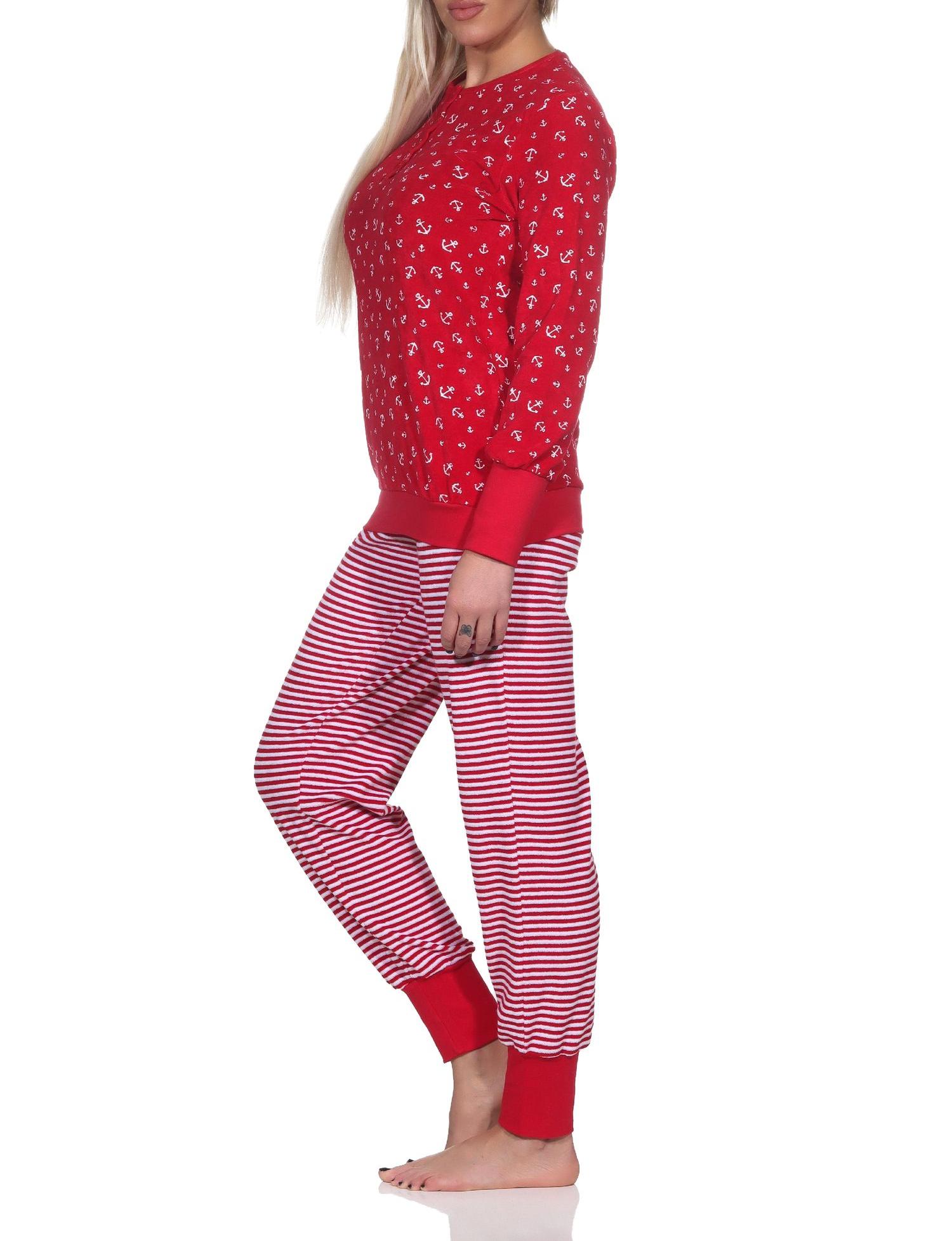 Normann Damen Frottee Schlafanzug lang mit Bündchen in maritimer Optik - auch in Übergröße
