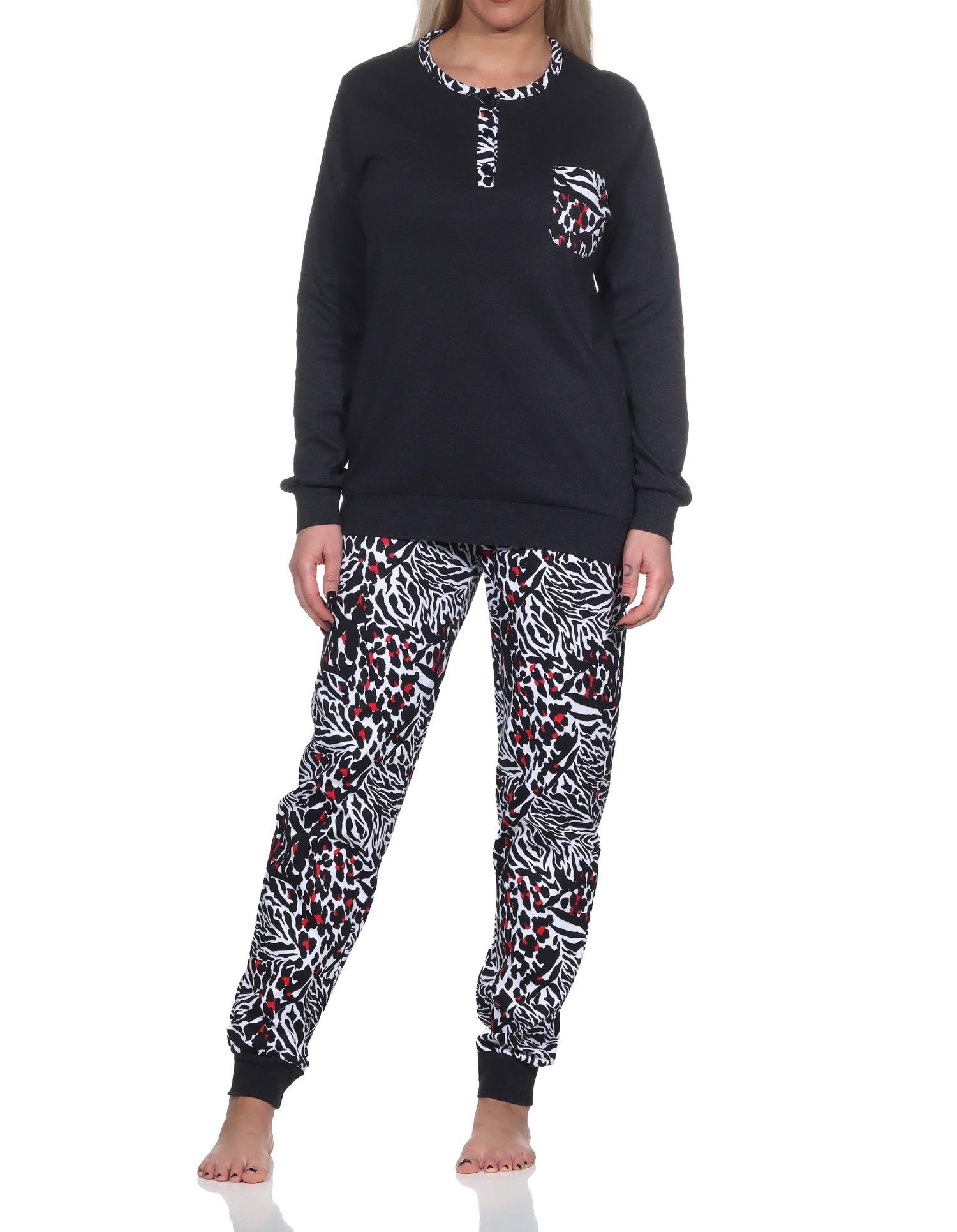Normann Damen Kuschel Interlock Schlafanzug langarm mit Bündchen in Animal-Print-Optik