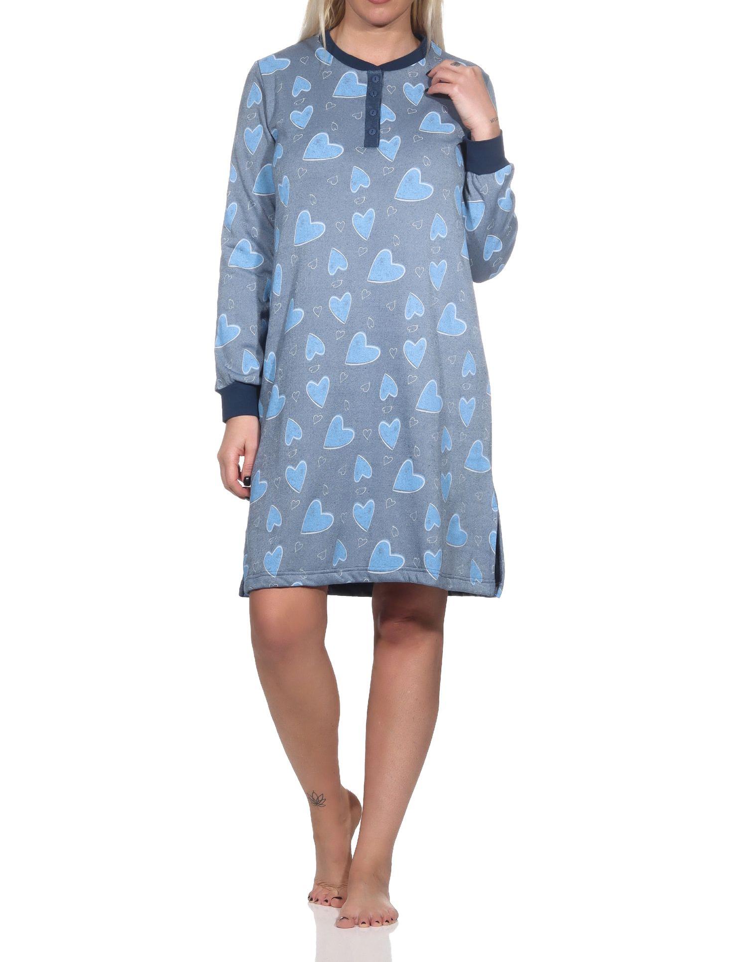 Normann Damen Frottee Nachthemd langarm mit Bündchen in Herz Optik - auch in Übergrösse