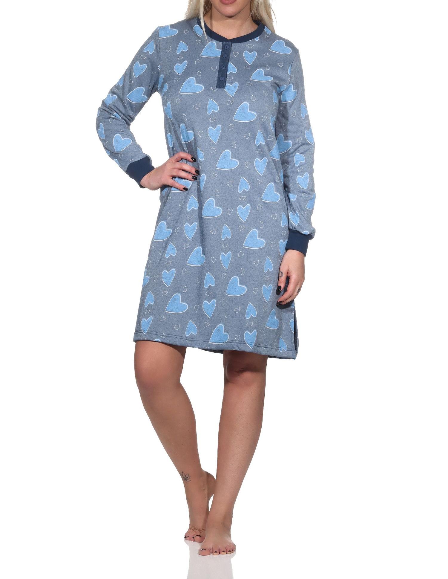 Normann Damen Frottee Nachthemd langarm mit Bündchen in Herz Optik - auch in Übergrösse