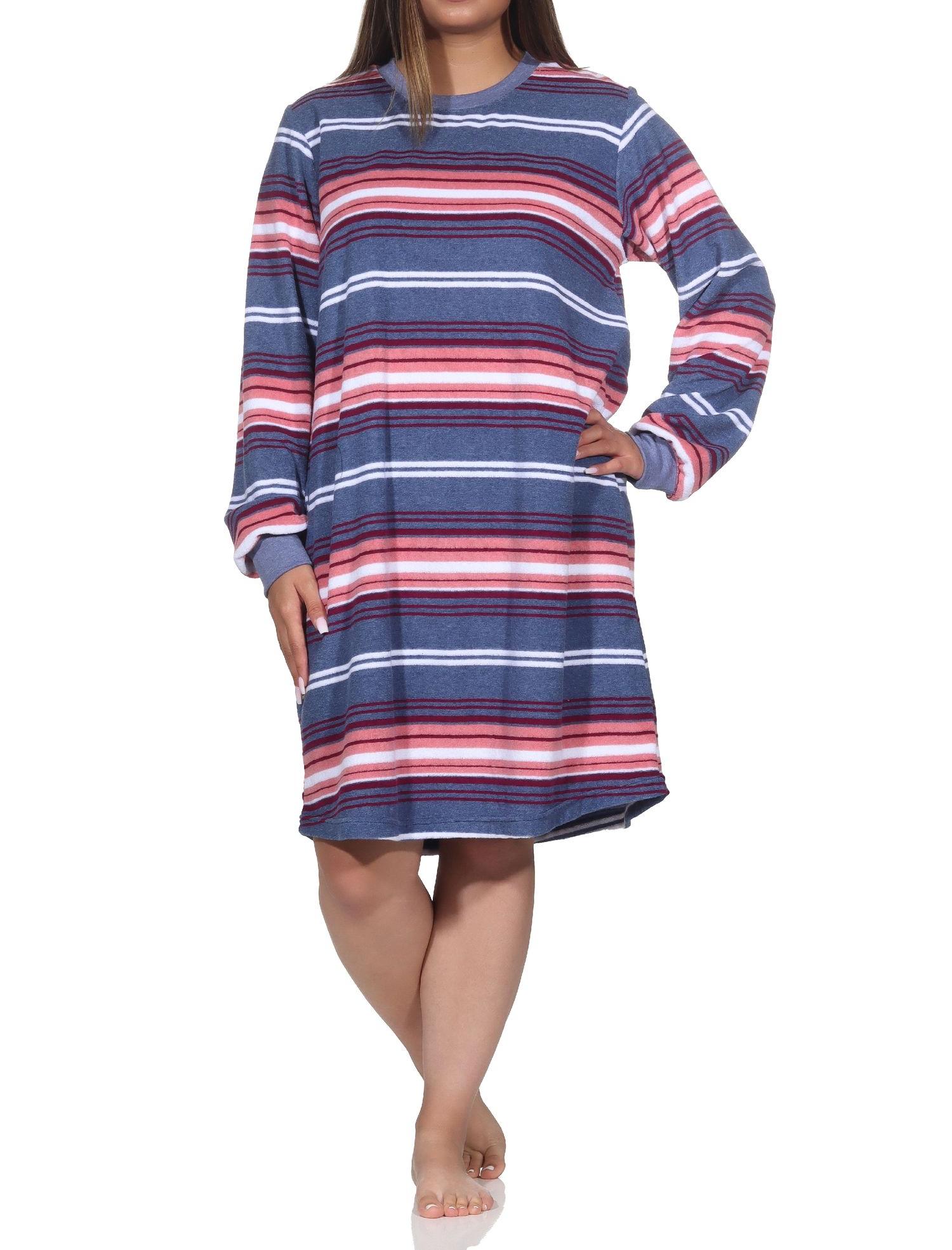 Normann Damen Frottee Nachthemd mit Bündchen in edler Streifenoptik - auch in Übergröße