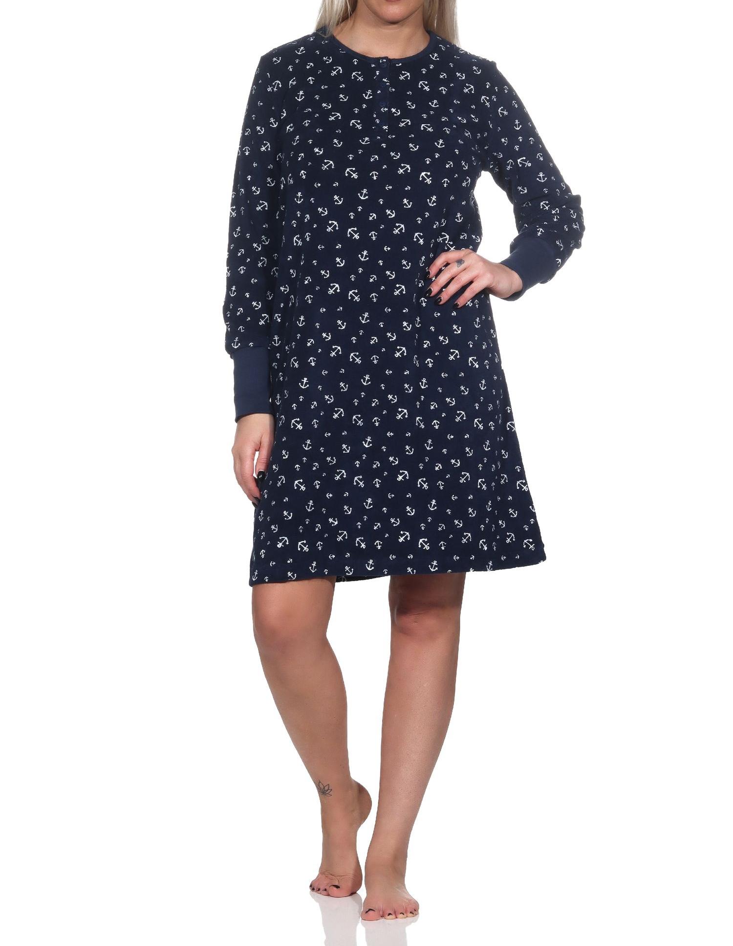 Normann Damen Frottee langarm Nachthemd in maritimer Optik - auch in Übergröße