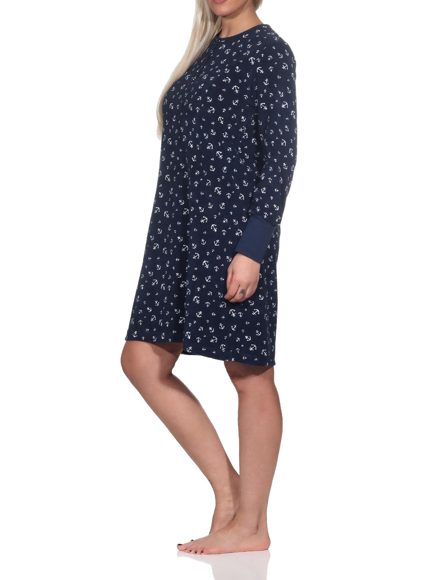 Normann Damen Frottee langarm Nachthemd in maritimer Optik - auch in Übergröße