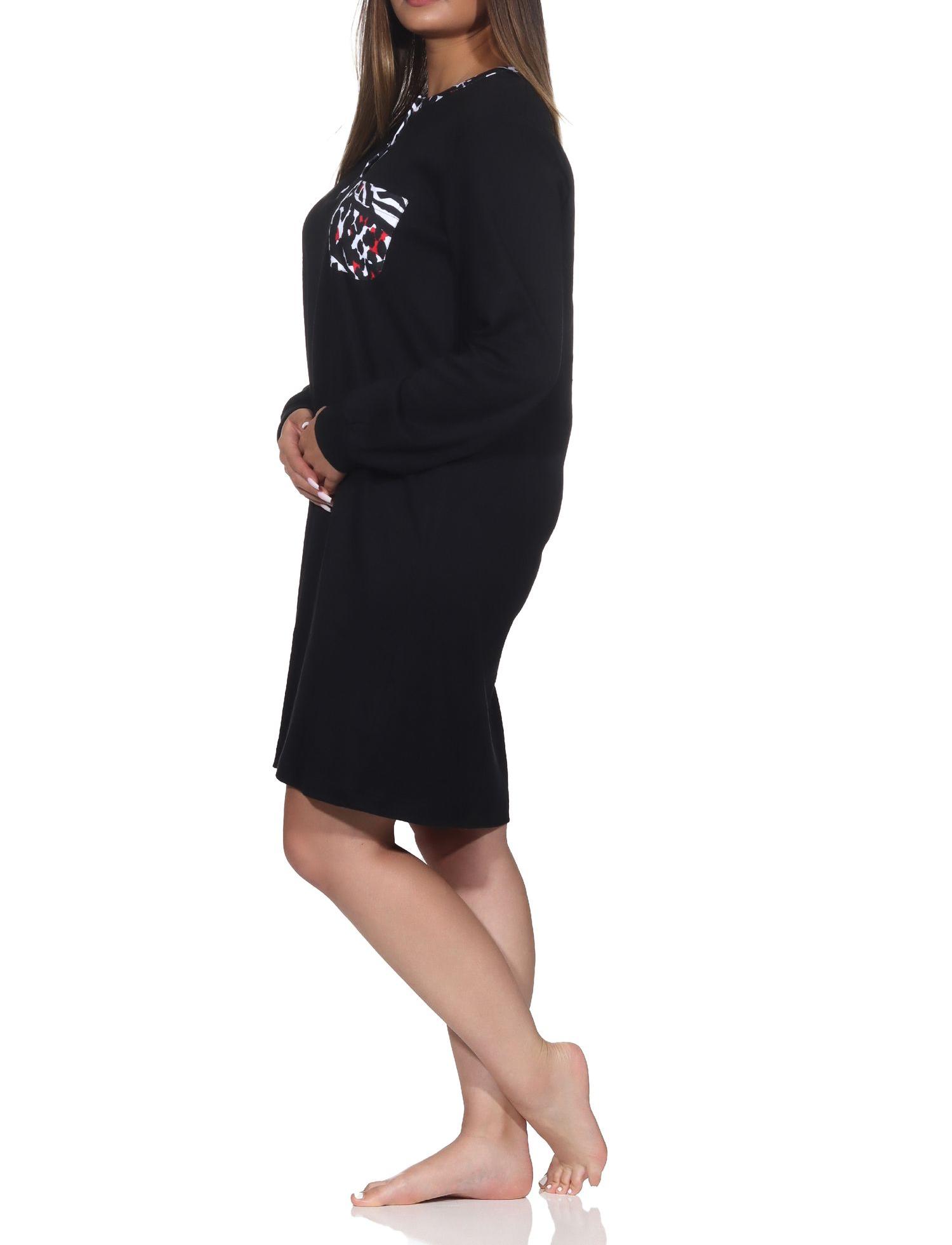 Normann Damen Kuschel Interlock langarm Nachthemd mit Bündchen in Animal-Print-Optik