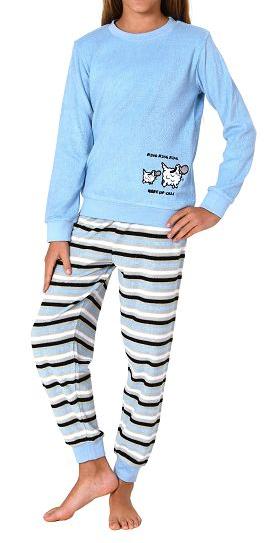 Mädchen Schlafanzug, Frottee Pyjama mit Bündchen und süßem Motiv - Streifenoptik