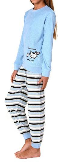 Mädchen Schlafanzug, Frottee Pyjama mit Bündchen und süßem Motiv - Streifenoptik
