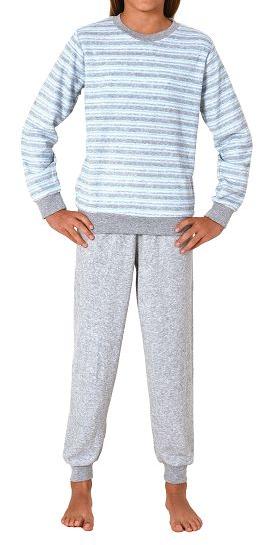 Mädchen Frottee Pyjama in Ringel-Optik, warmer Schlafanzug mit Bündchen in tollen Farben