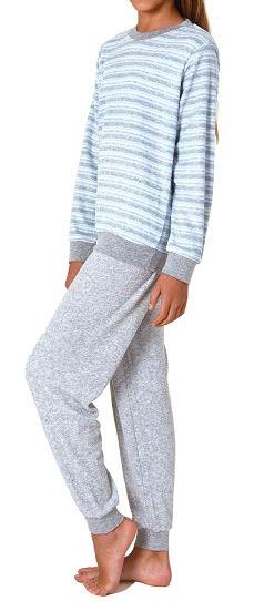 Mädchen Frottee Pyjama in Ringel-Optik, warmer Schlafanzug mit Bündchen in tollen Farben