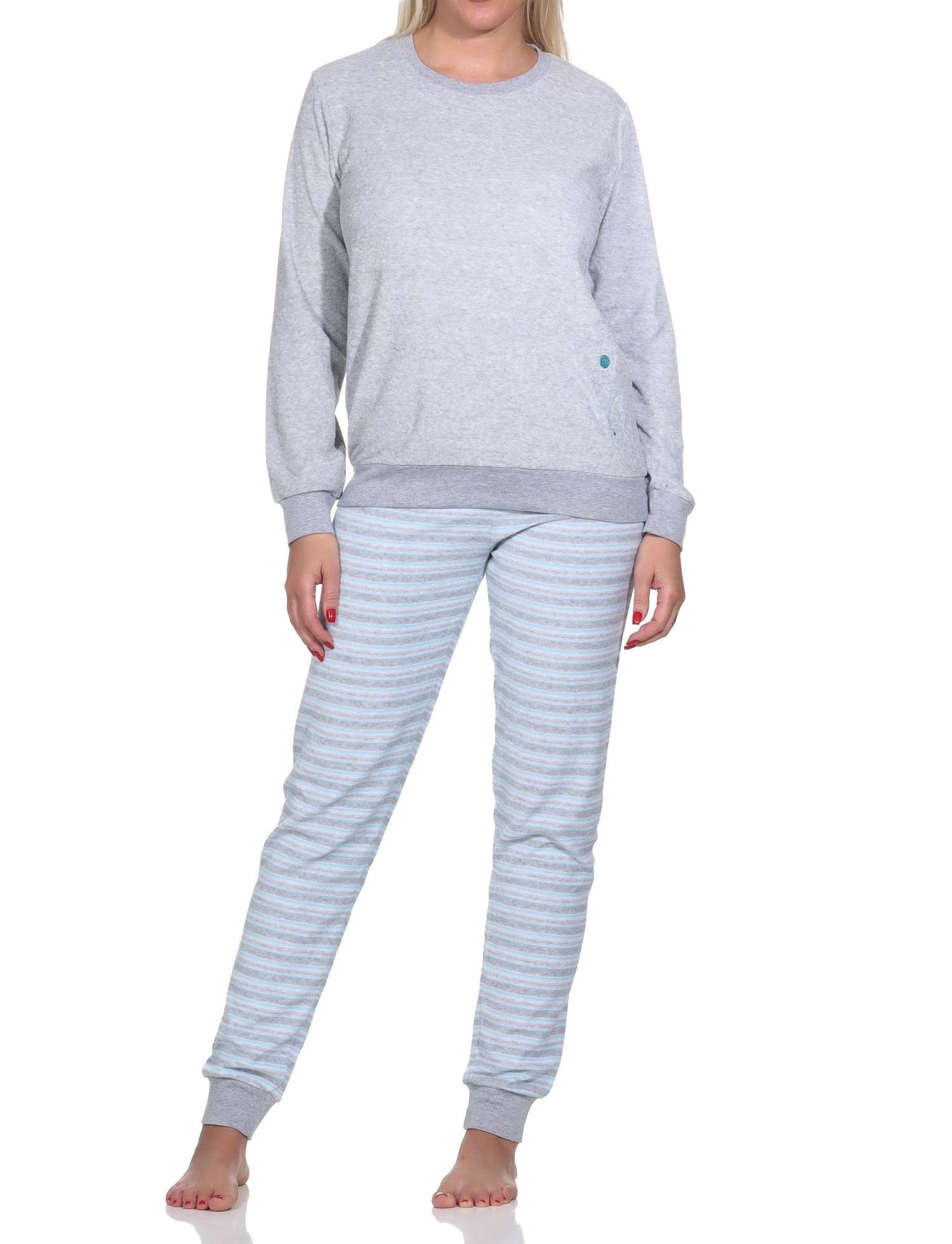 Damen Frottee Schlafanzug lang mit Bündchen und floraler Applikation - auch in Übergröße