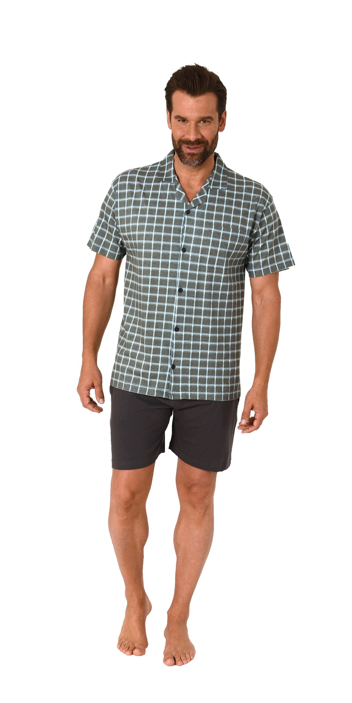 Durchknöpfbarer Herren Shorty Pyjama mit kurzen Bermuda-Shorts und edlem Karo-Muster