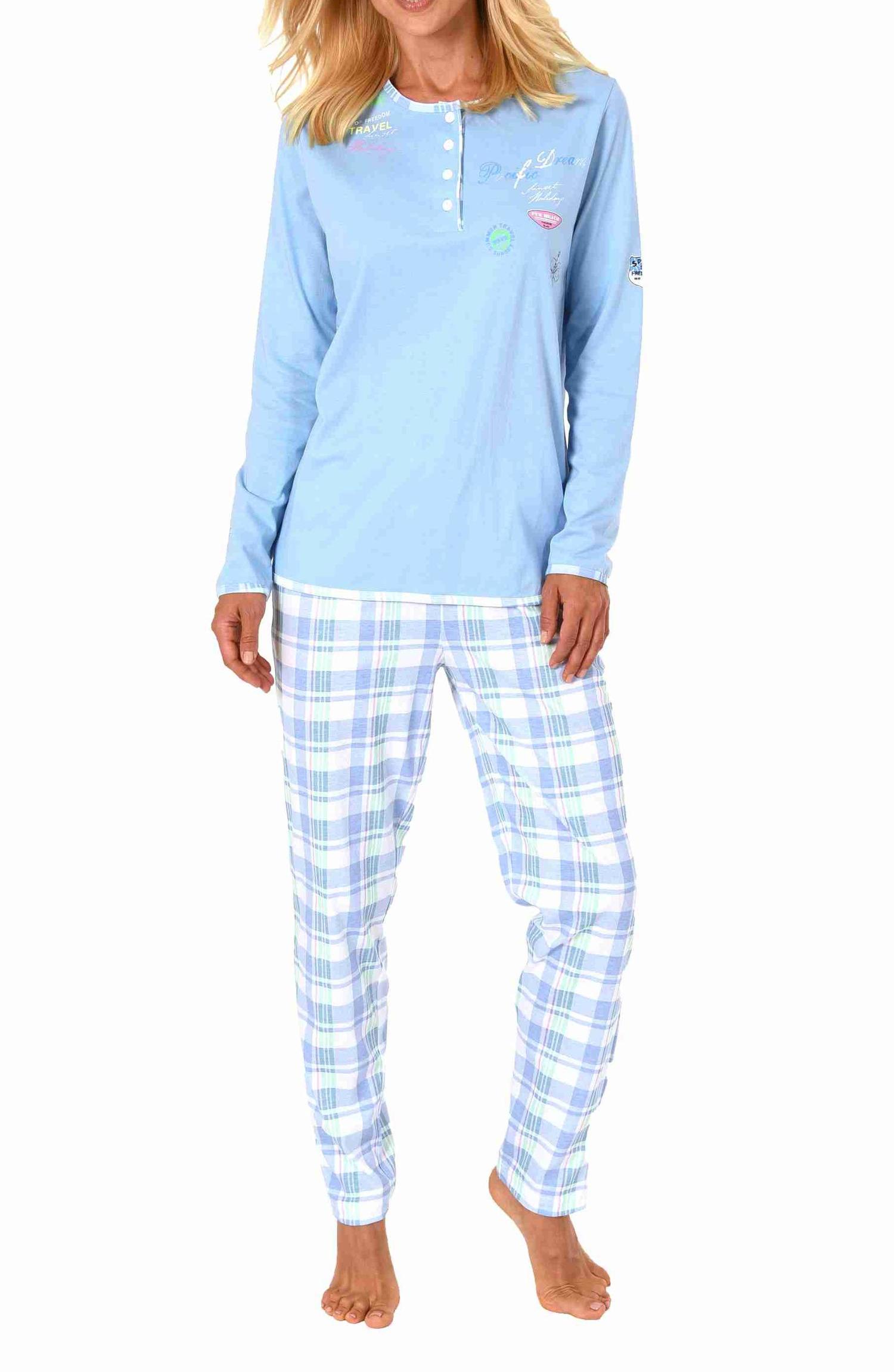 Edler Damen Schlafanzug langarm Pyjama mit karierter Hose aus Jersey - auch in Übergrössen Edler Damen Schlafanzug langarm Pyjama mit karierter Hose aus Jersey - auch in Übergrössen