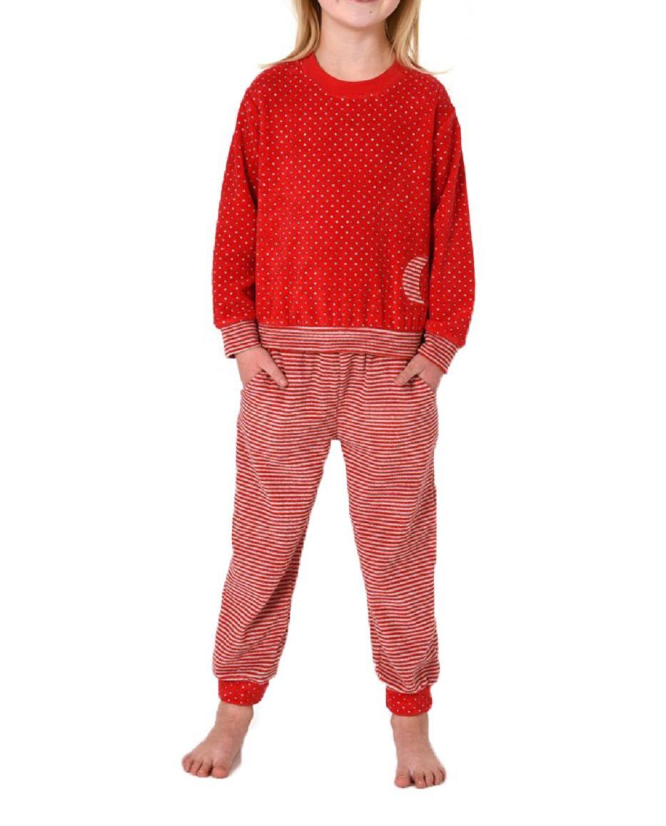 Mädchen Frottee Pyjama mit Bündchen, warmer Kinder Schlafanzug in toller Ringel-Optik