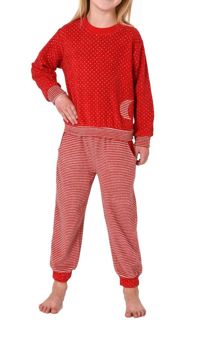 Mädchen Frottee Pyjama mit Bündchen, warmer Kinder Schlafanzug in toller Ringel-Optik