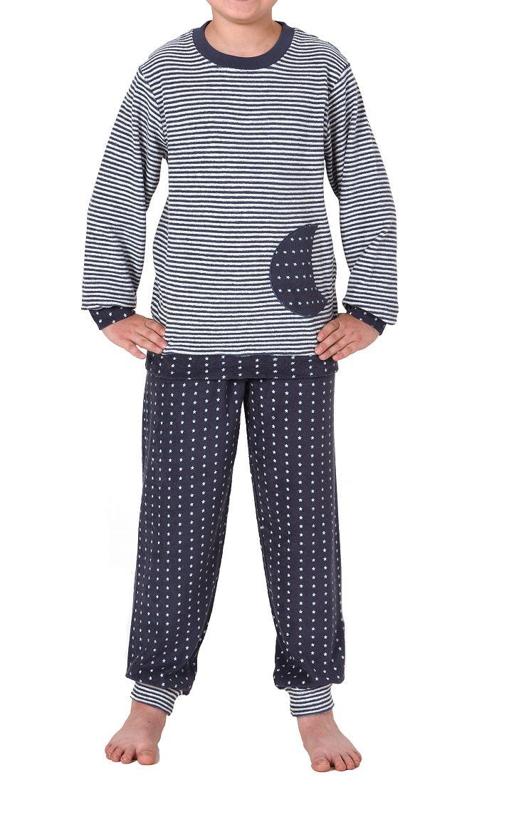 Jungen Frottee Pyjama mit Bündchen, warmer Kinder Schlafanzug in Ringel-Optik (Unisex)