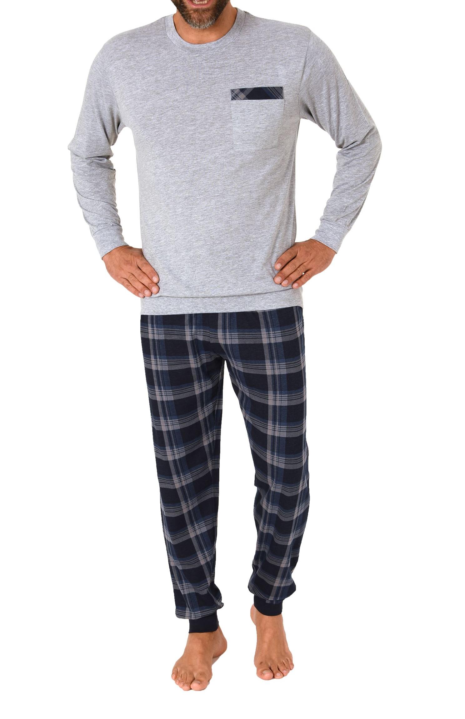 Normann Herren langarm Schlafanzug Pyjama mit Bündchen und karierter Jersey Hose