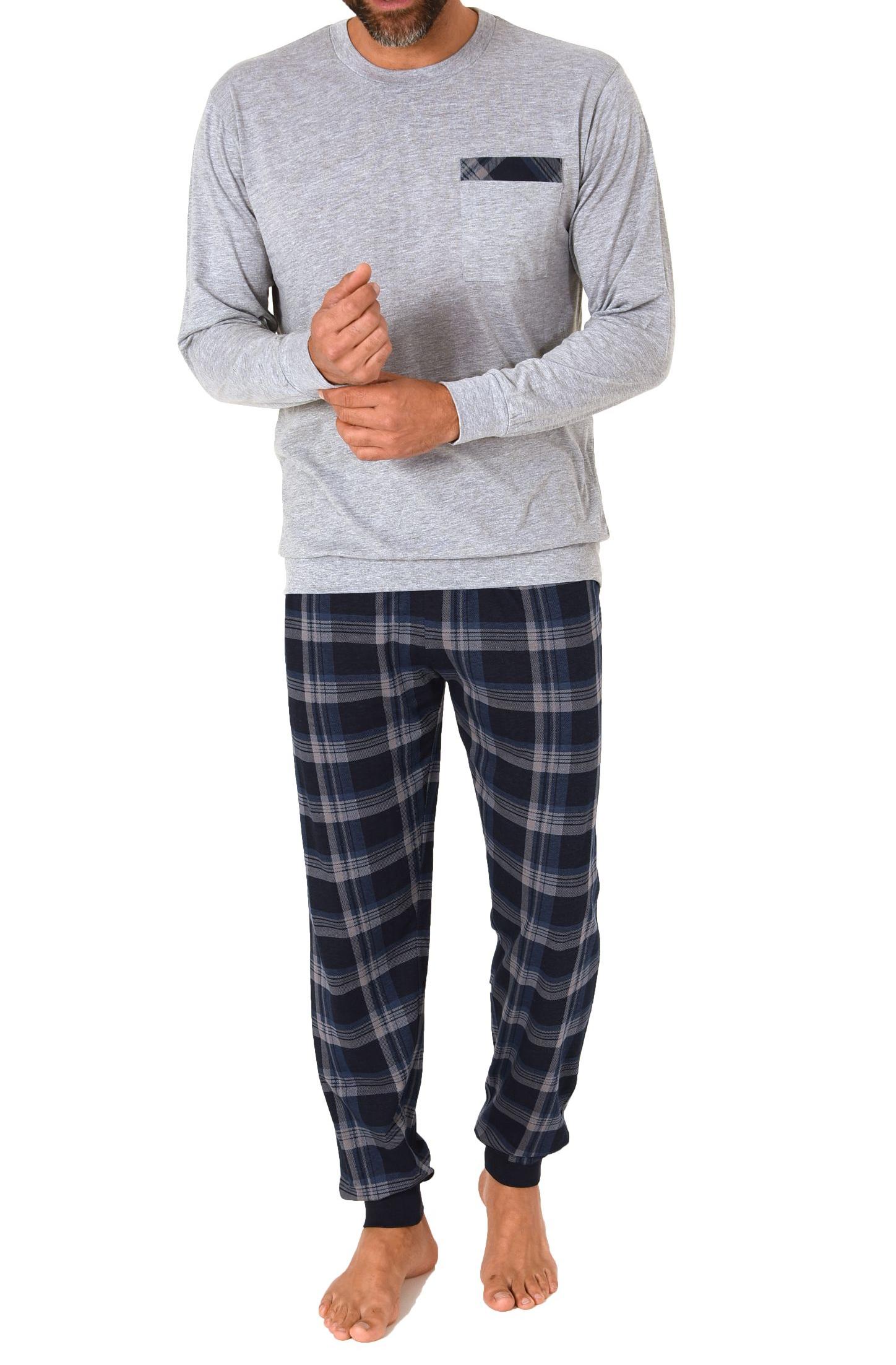Normann Herren langarm Schlafanzug Pyjama mit Bündchen und karierter Jersey Hose