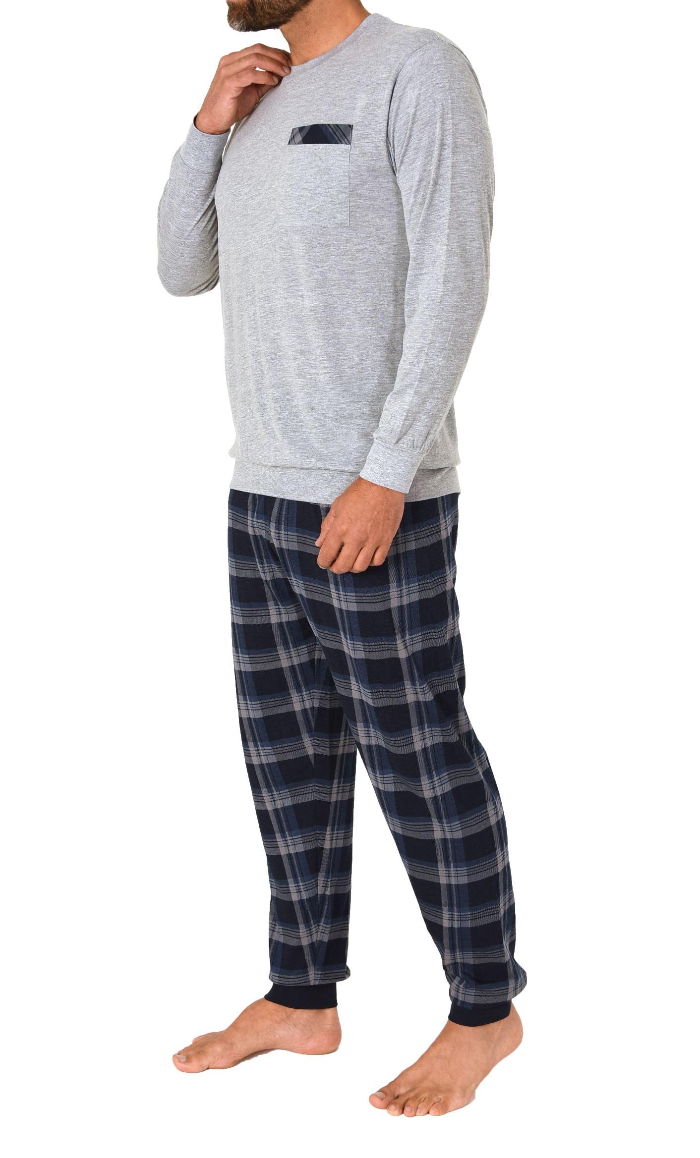 Normann Herren langarm Schlafanzug Pyjama mit Bündchen und karierter Jersey Hose