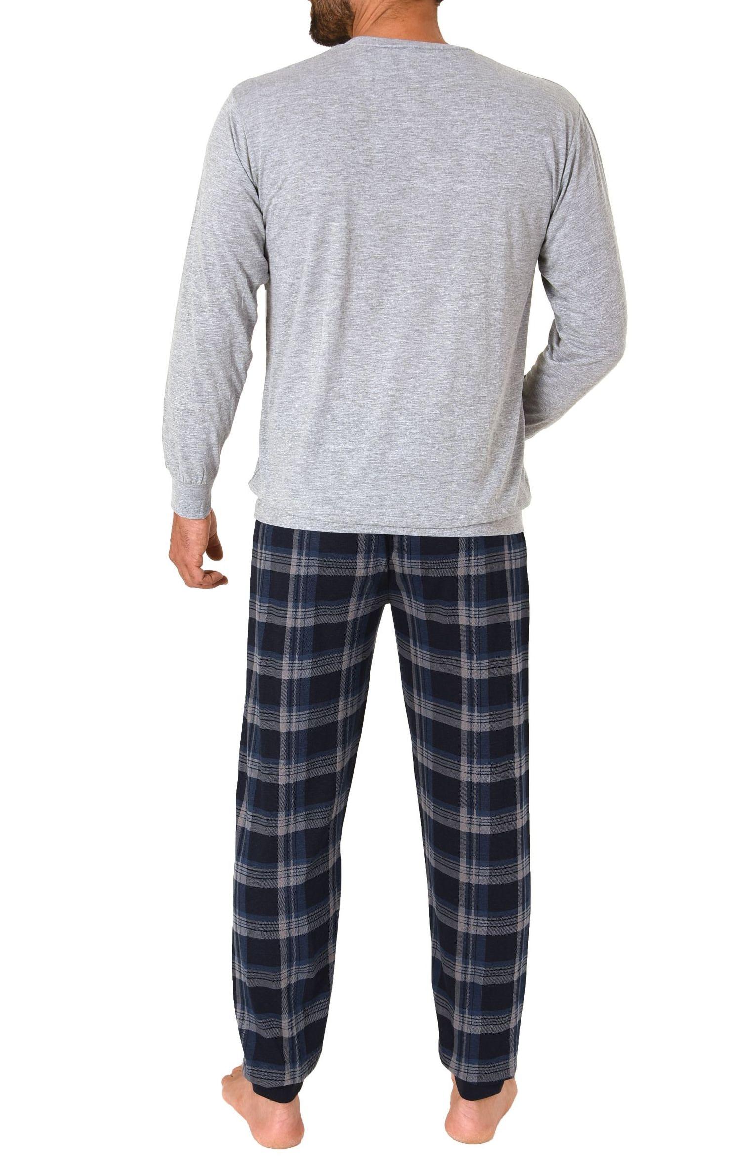 Normann Herren langarm Schlafanzug Pyjama mit Bündchen und karierter Jersey Hose