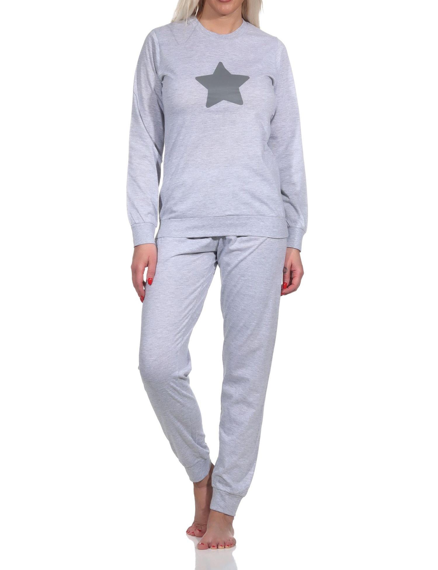 Lässiger Normann Damen langarm Schlafanzug Pyjama mit Bündchen und Stern Motiv