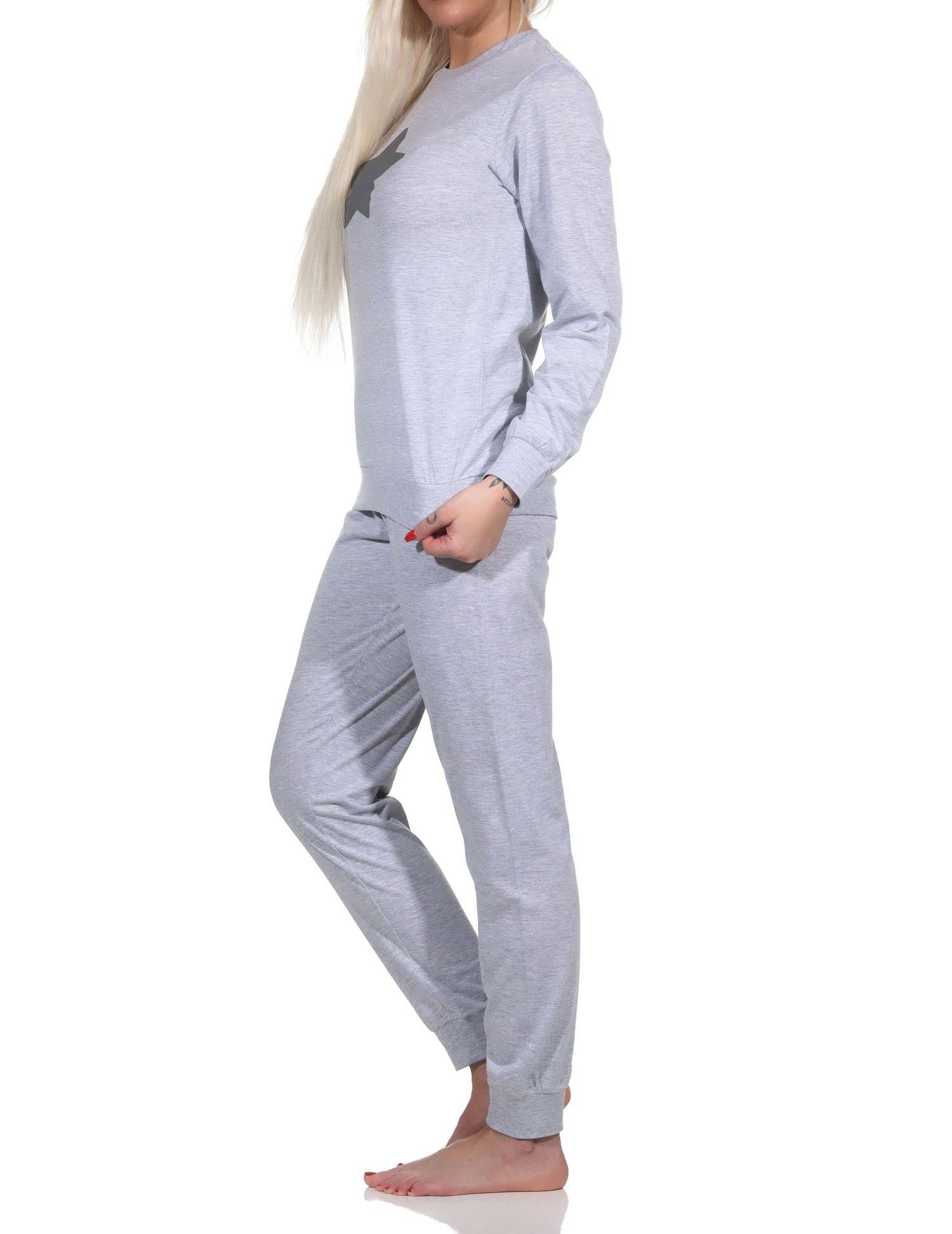 Lässiger Normann Damen langarm Schlafanzug Pyjama mit Bündchen und Stern Motiv