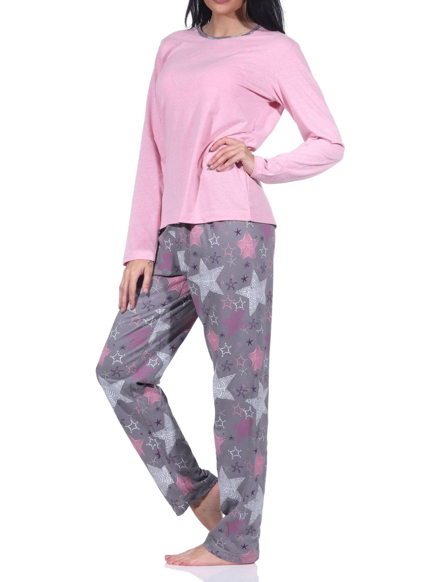 Normann Damen langarm Schlafanzug mit Pyjamahose in wunderschöner Sternenoptik