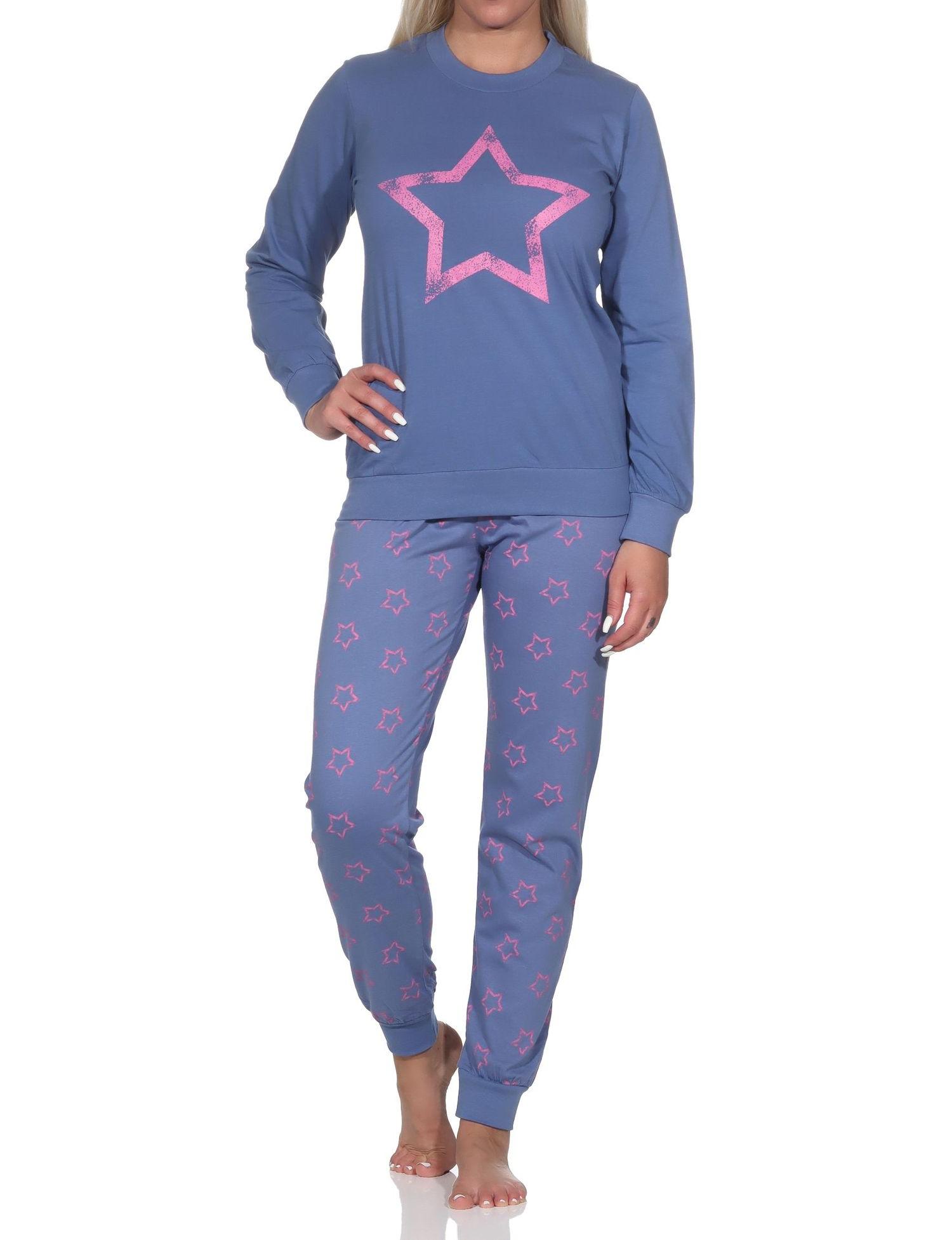 Normann Damen langarm Schlafanzug mit Bündchen in wunderschöner Sternenoptik