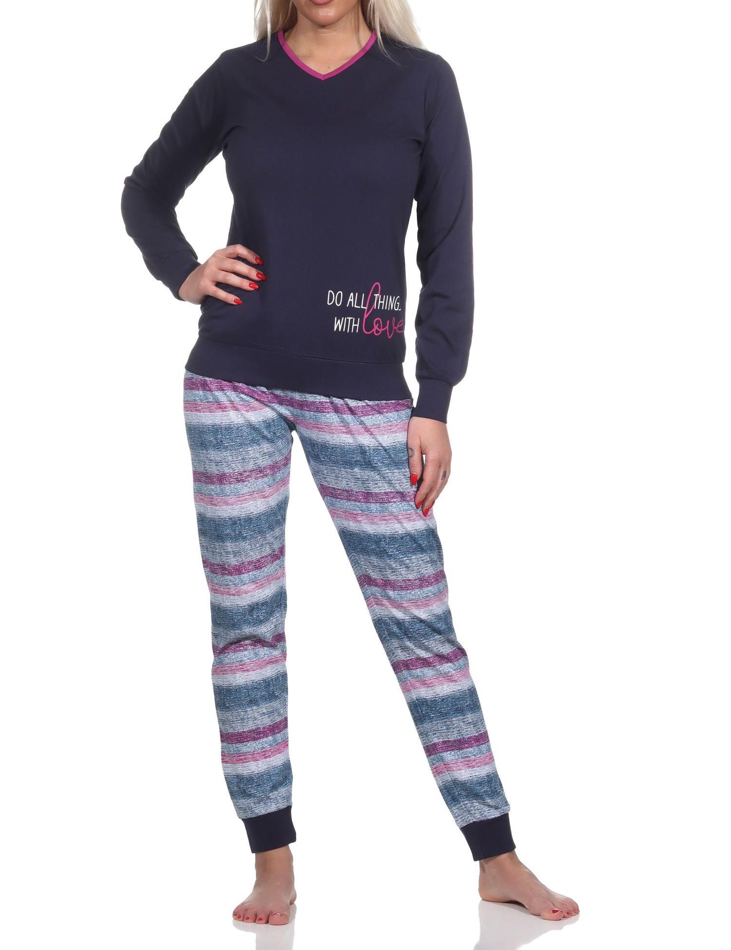 Normann Damen langarm Schlafanzug mit Bündchen Pyjama in wunderschöner Streifenoptik