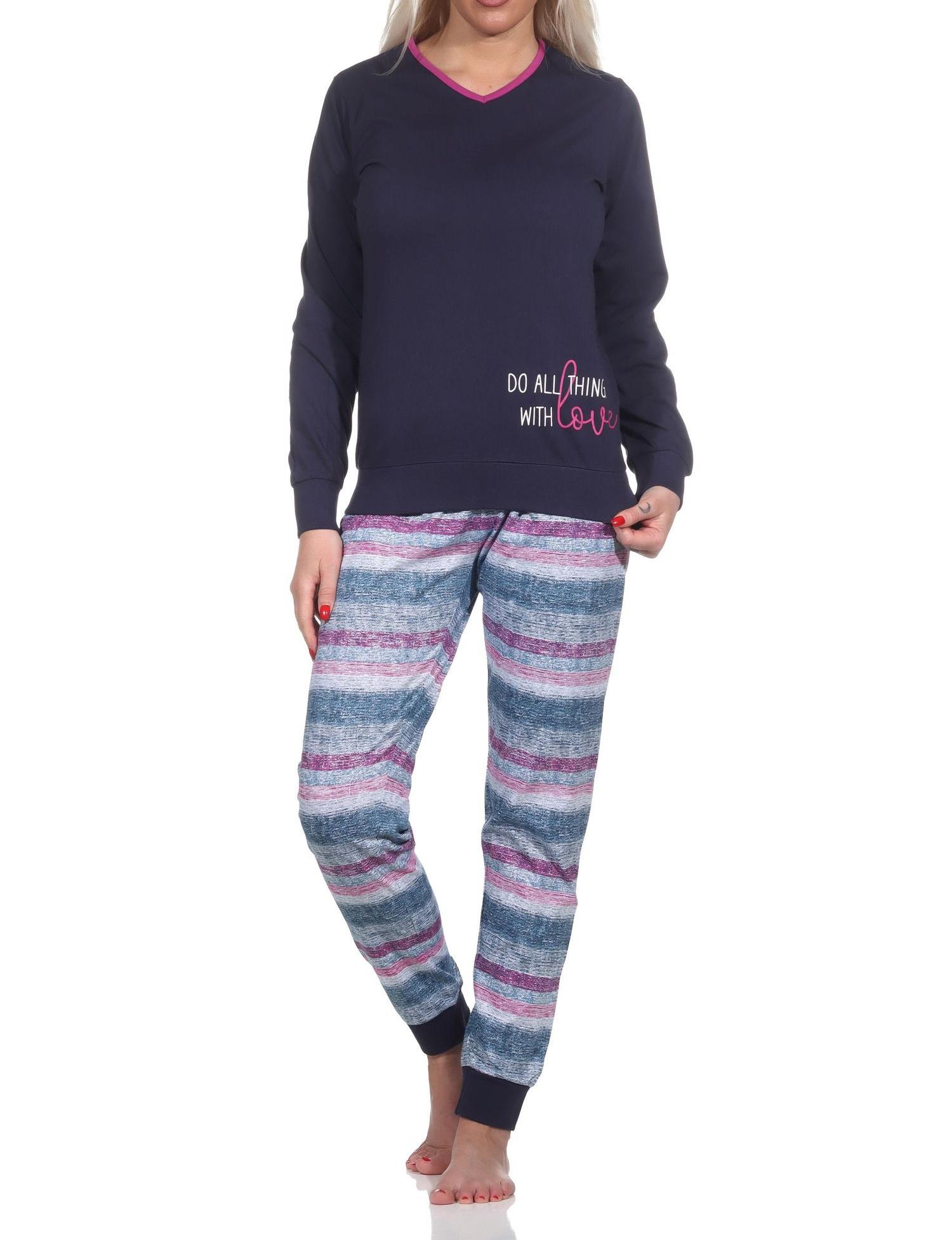 Normann Damen langarm Schlafanzug mit Bündchen Pyjama in wunderschöner Streifenoptik