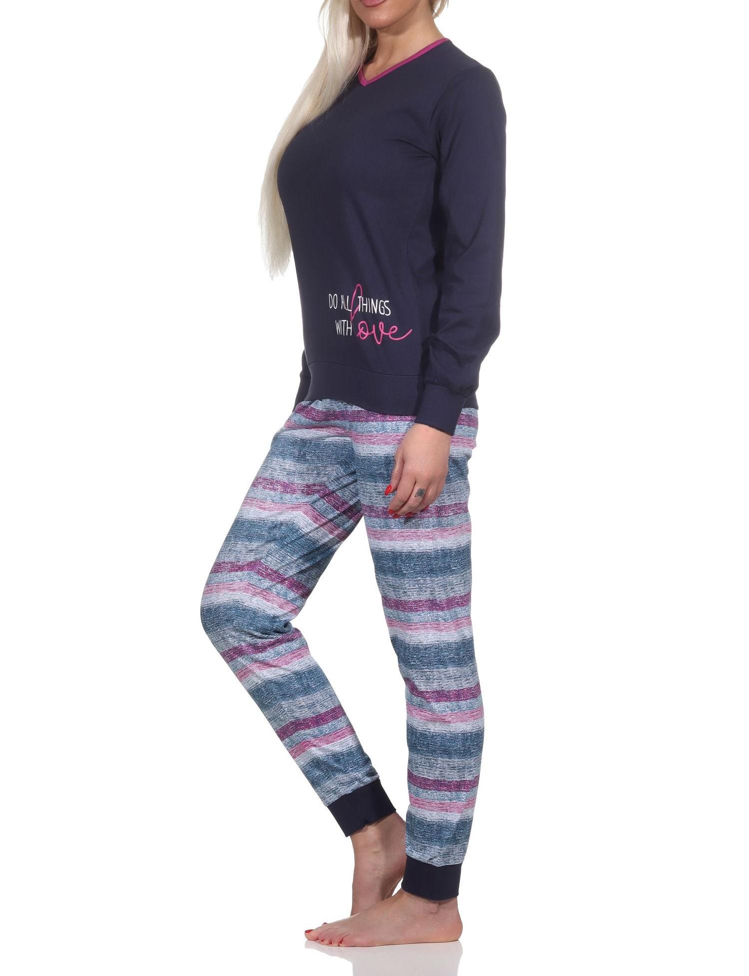 Normann Damen langarm Schlafanzug mit Bündchen Pyjama in wunderschöner Streifenoptik