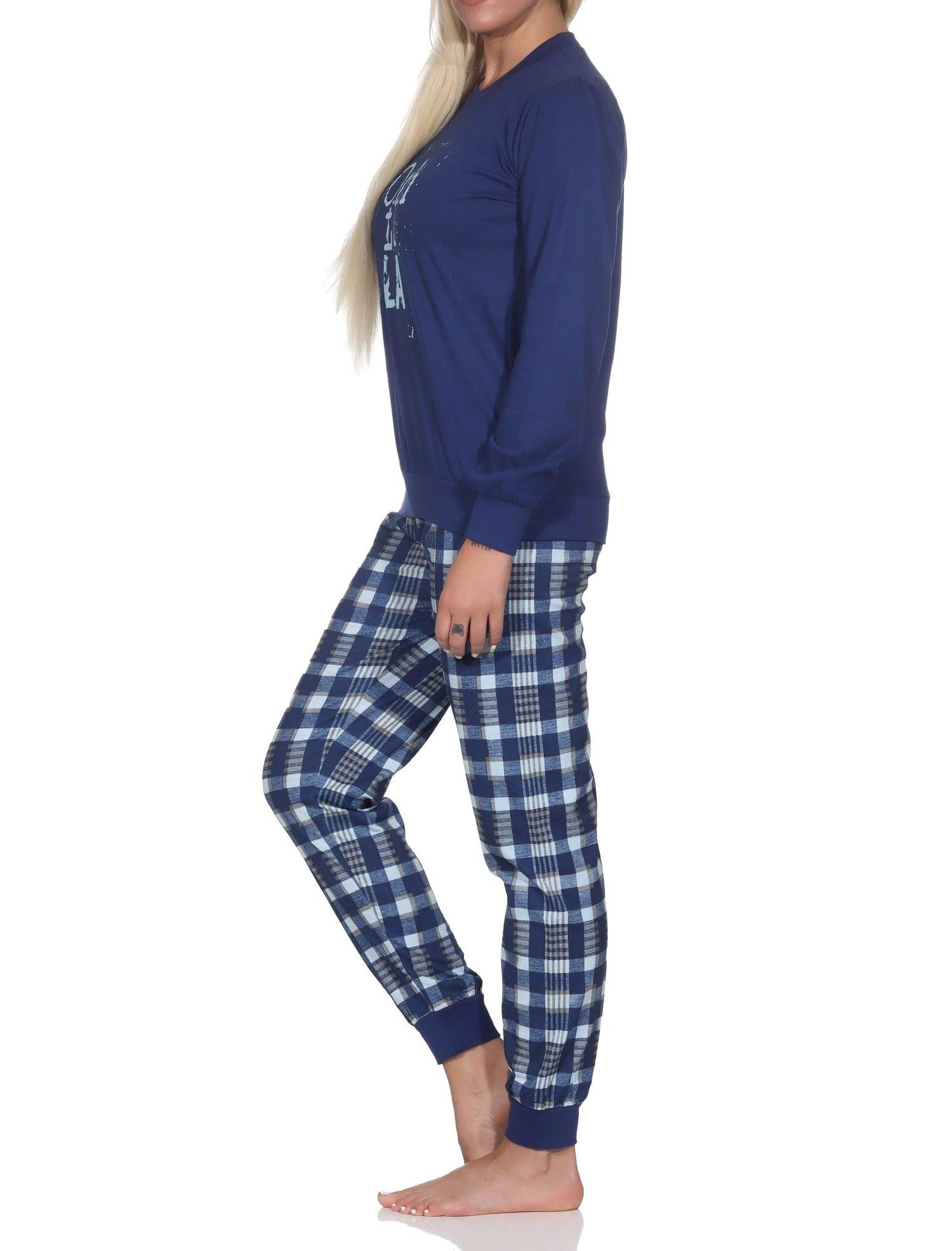 Normann Damen langarm Schlafanzug mit Bündchen Pyjama mit karierter Jersey Hose Normann Damen langarm Schlafanzug mit Bündchen Pyjama mit karierter Jersey Hose