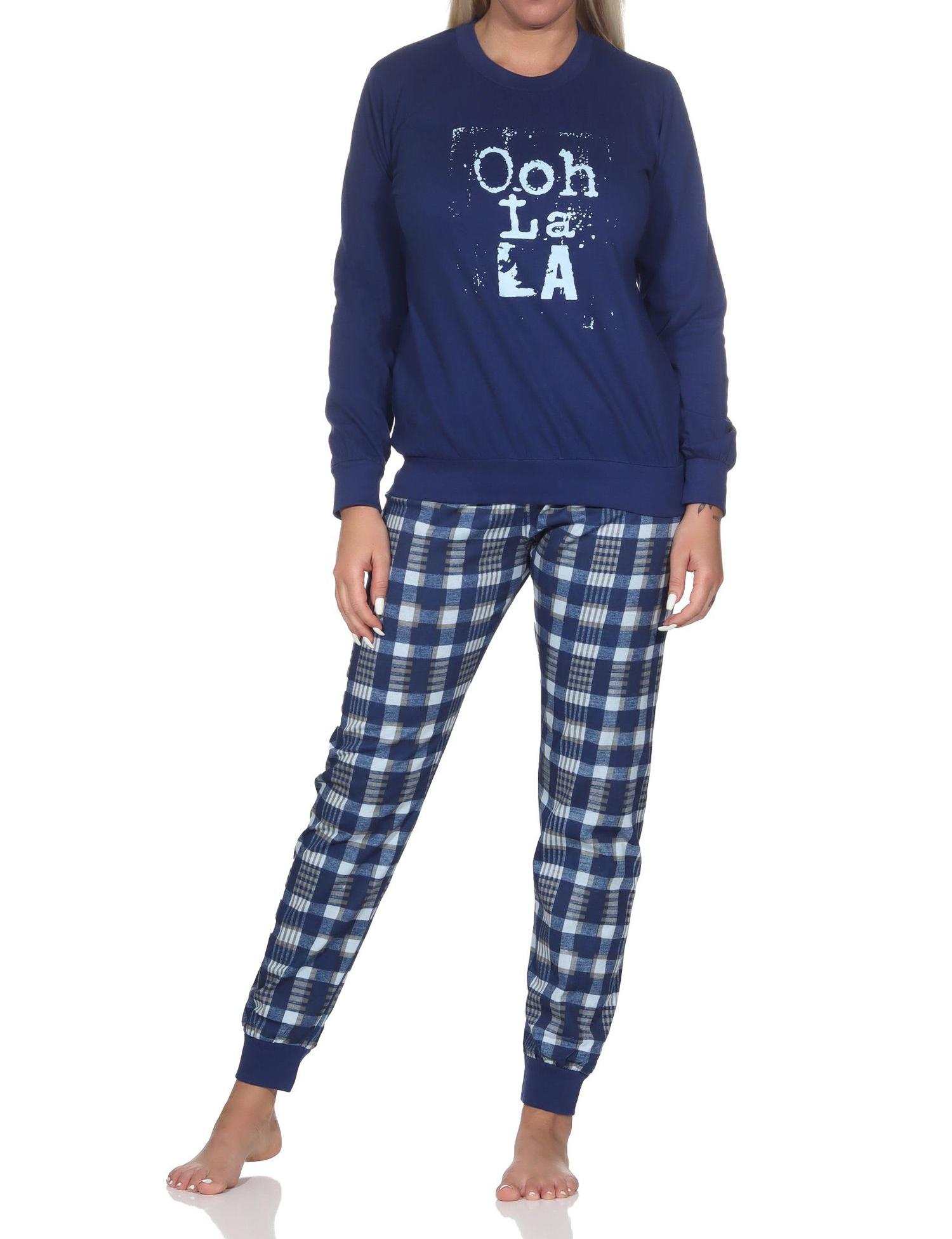 Normann Damen langarm Schlafanzug mit Bündchen Pyjama mit karierter Jersey Hose