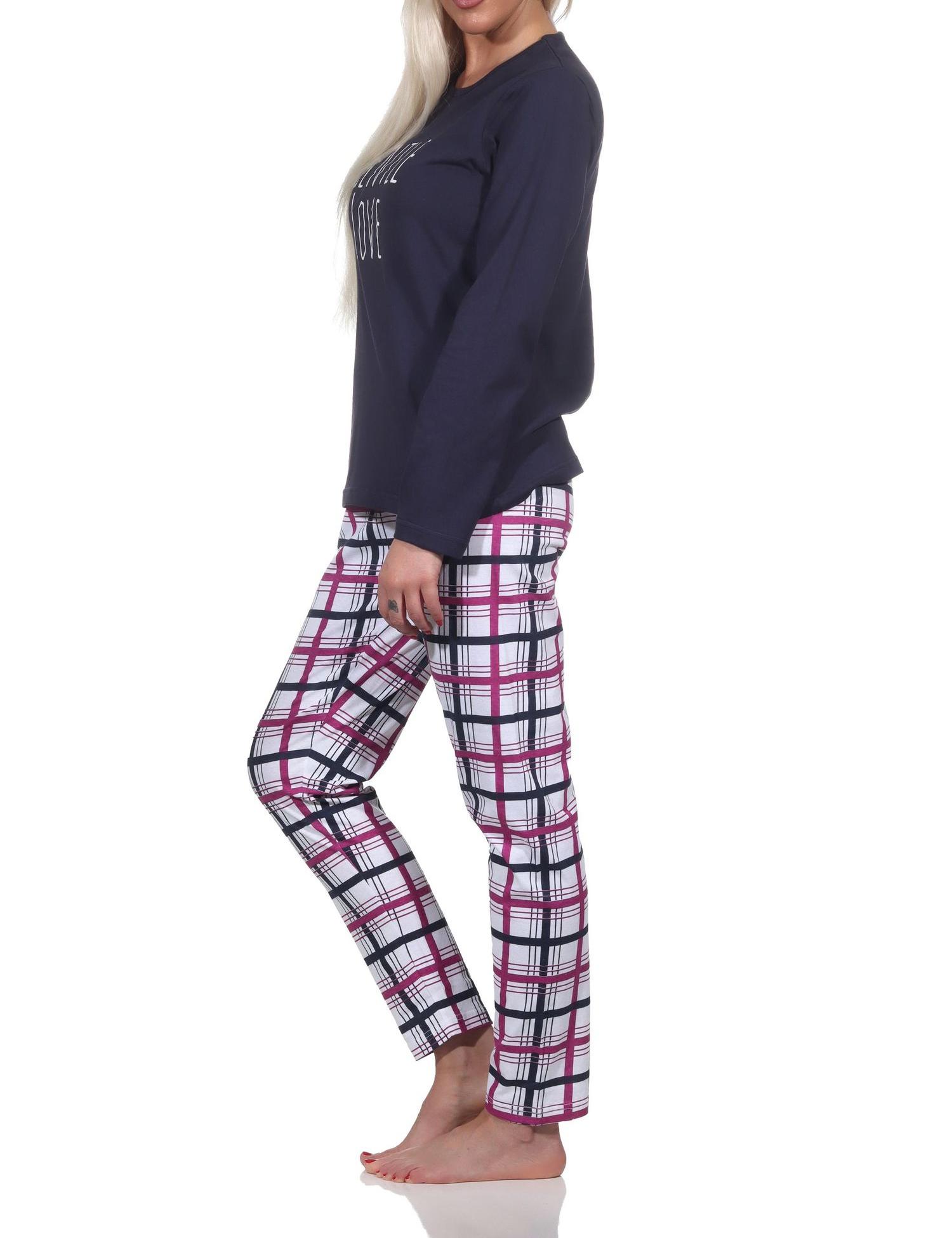 Normann Damen langarm Schlafanzug Pyjama mit Jersey Hose in Karo Optik