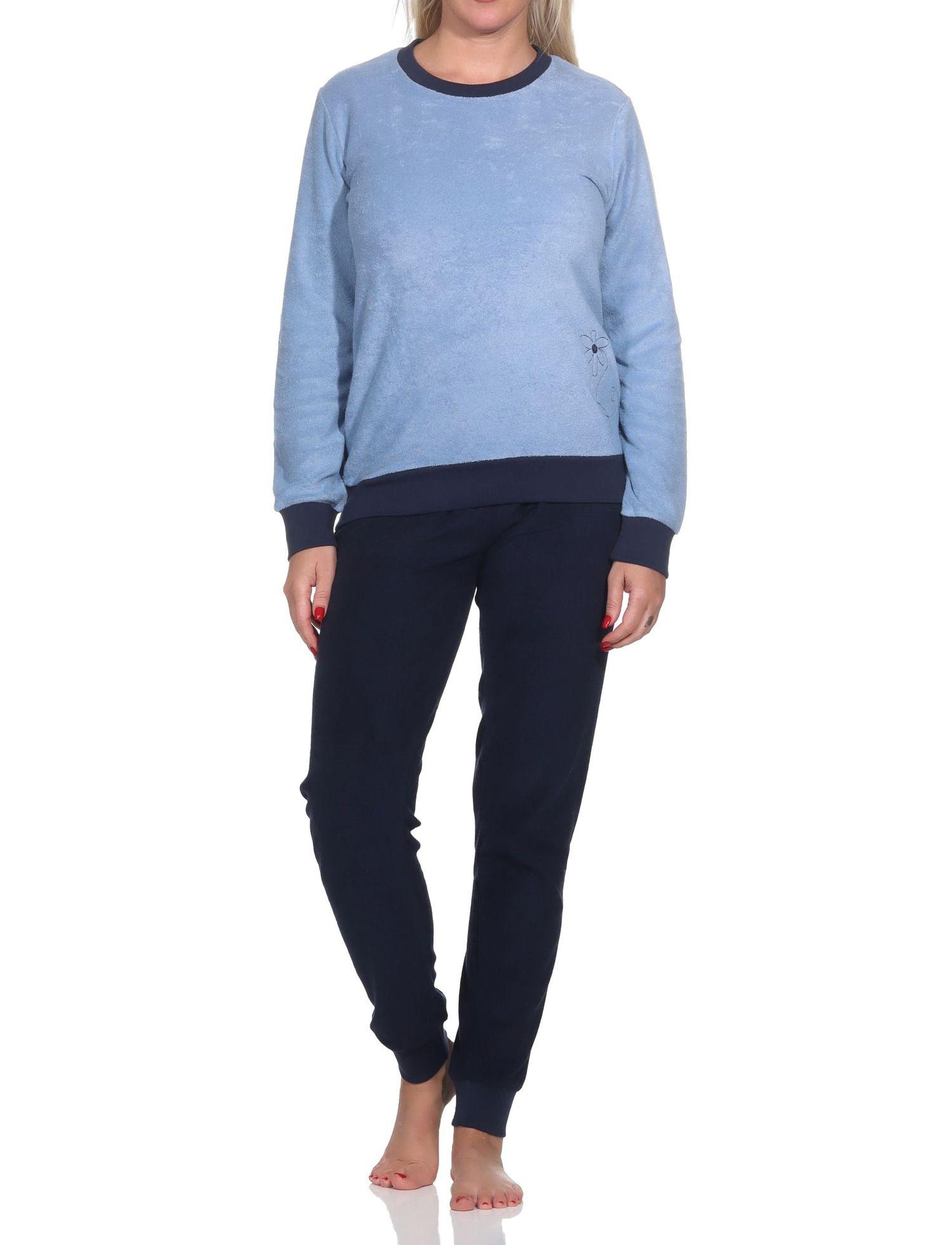 Damen Frottee langarm Schlafanzug Pyjama mit Bündchen - auch in Übergröße