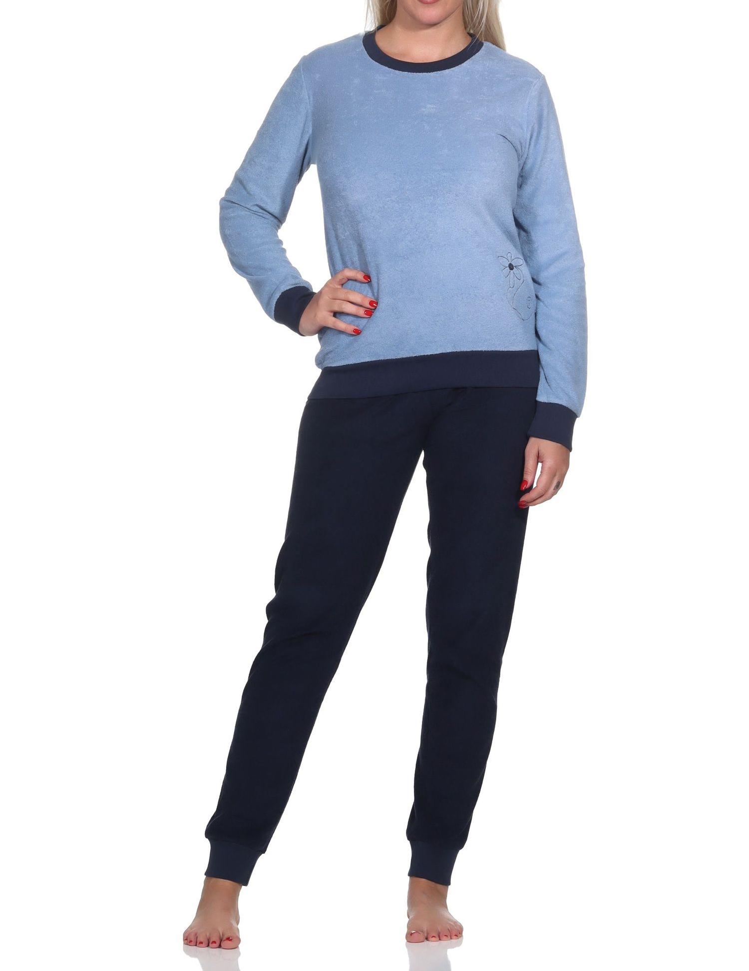 Damen Frottee langarm Schlafanzug Pyjama mit Bündchen - auch in Übergröße