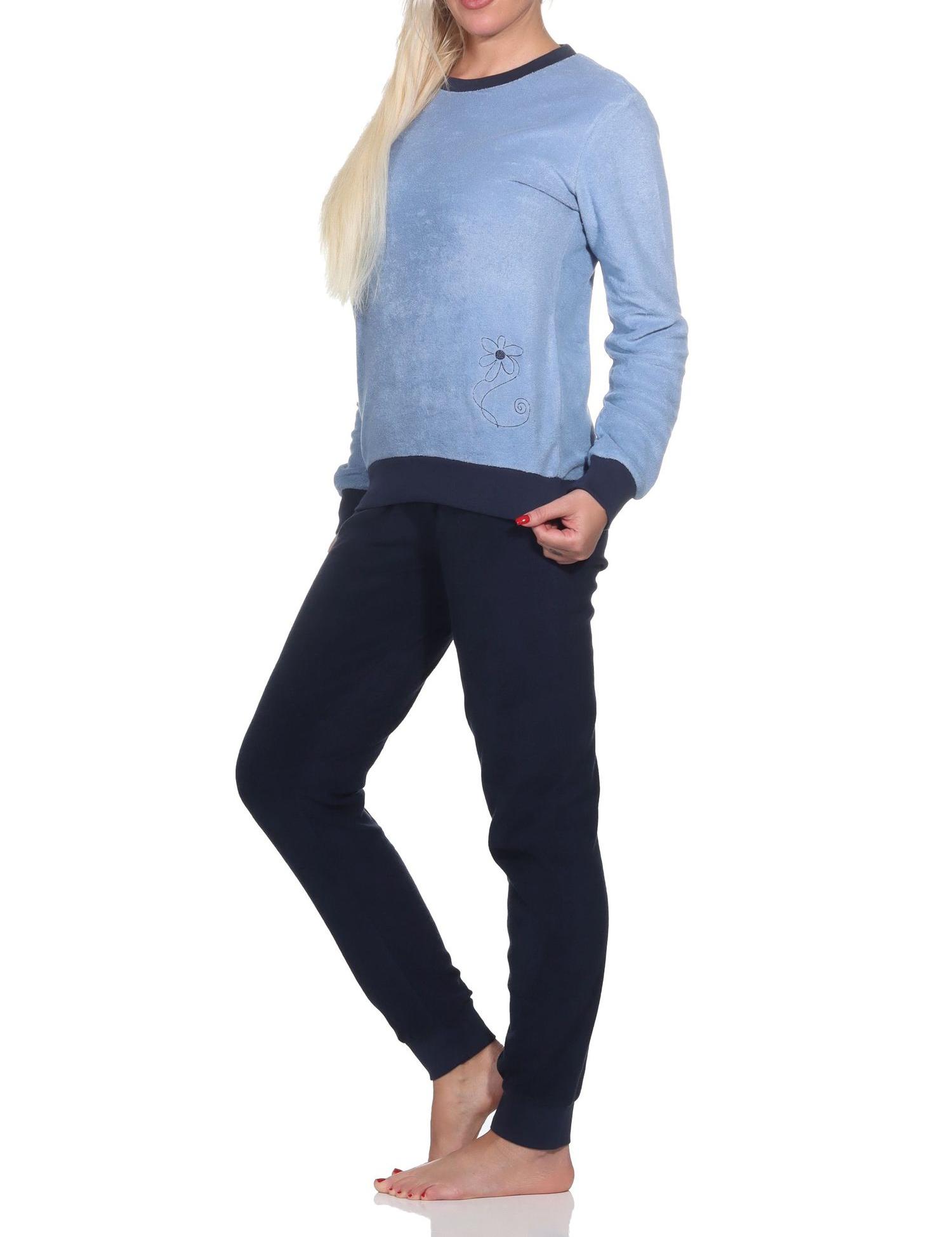 Damen Frottee langarm Schlafanzug Pyjama mit Bündchen - auch in Übergröße