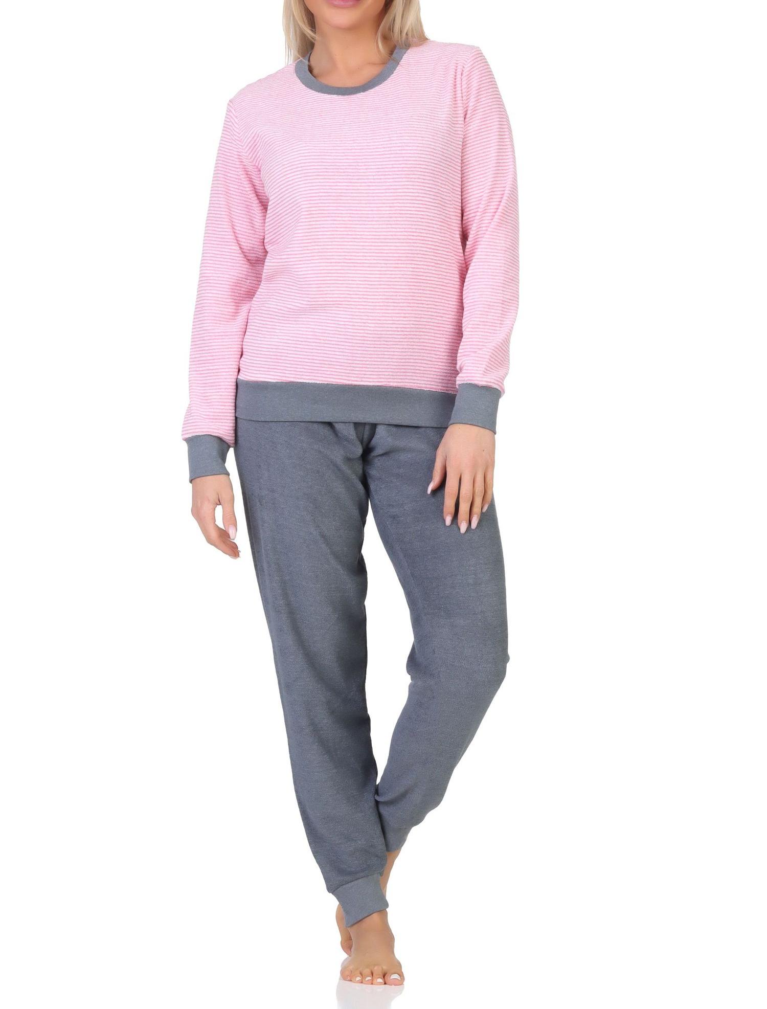 Damen Frottee langarm Schlafanzug mit Bündchen in feiner Streifenoptik - auch in Übergröße