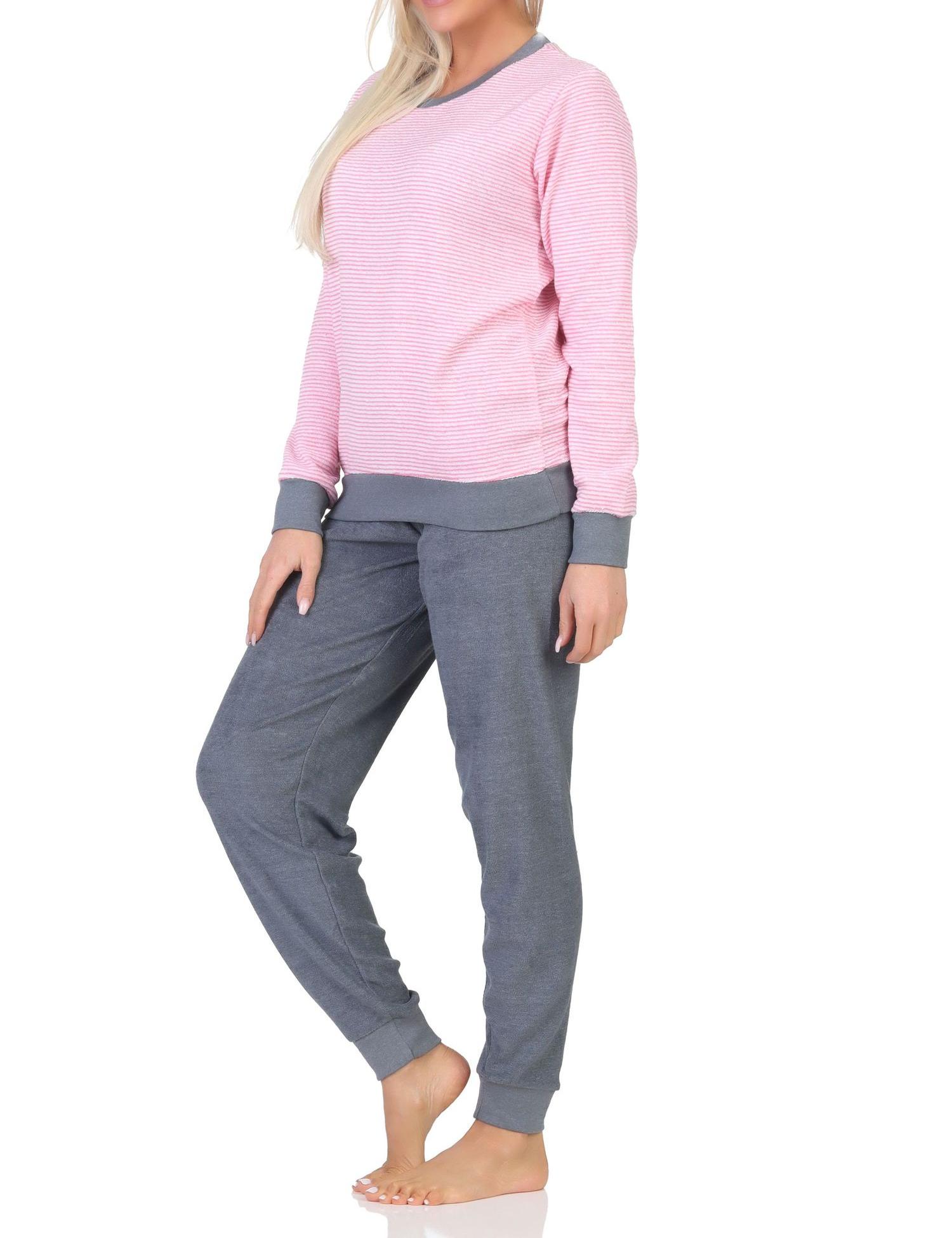 Damen Frottee langarm Schlafanzug mit Bündchen in feiner Streifenoptik - auch in Übergröße