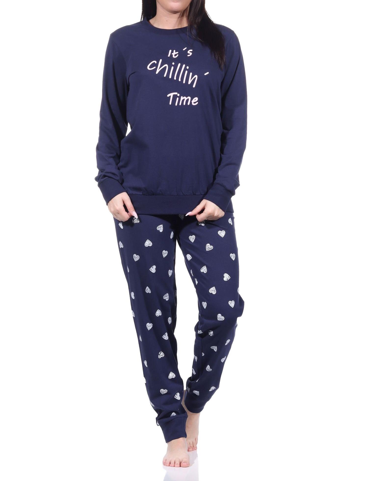 Normann Damen langarm Schlafanzug mit Bündchen in Herz Tupfen Punkte Optik