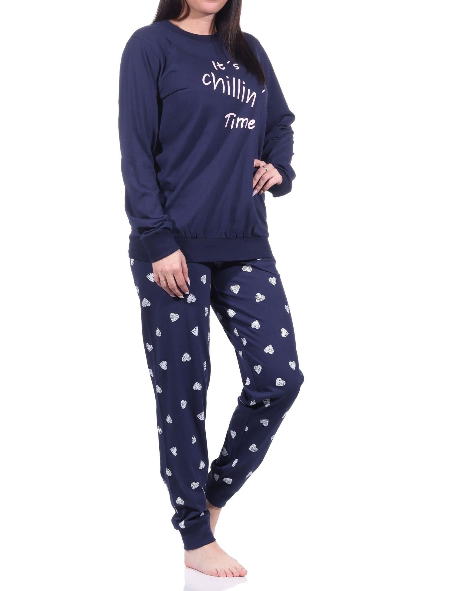 Normann Damen langarm Schlafanzug mit Bündchen in Herz Tupfen Punkte Optik