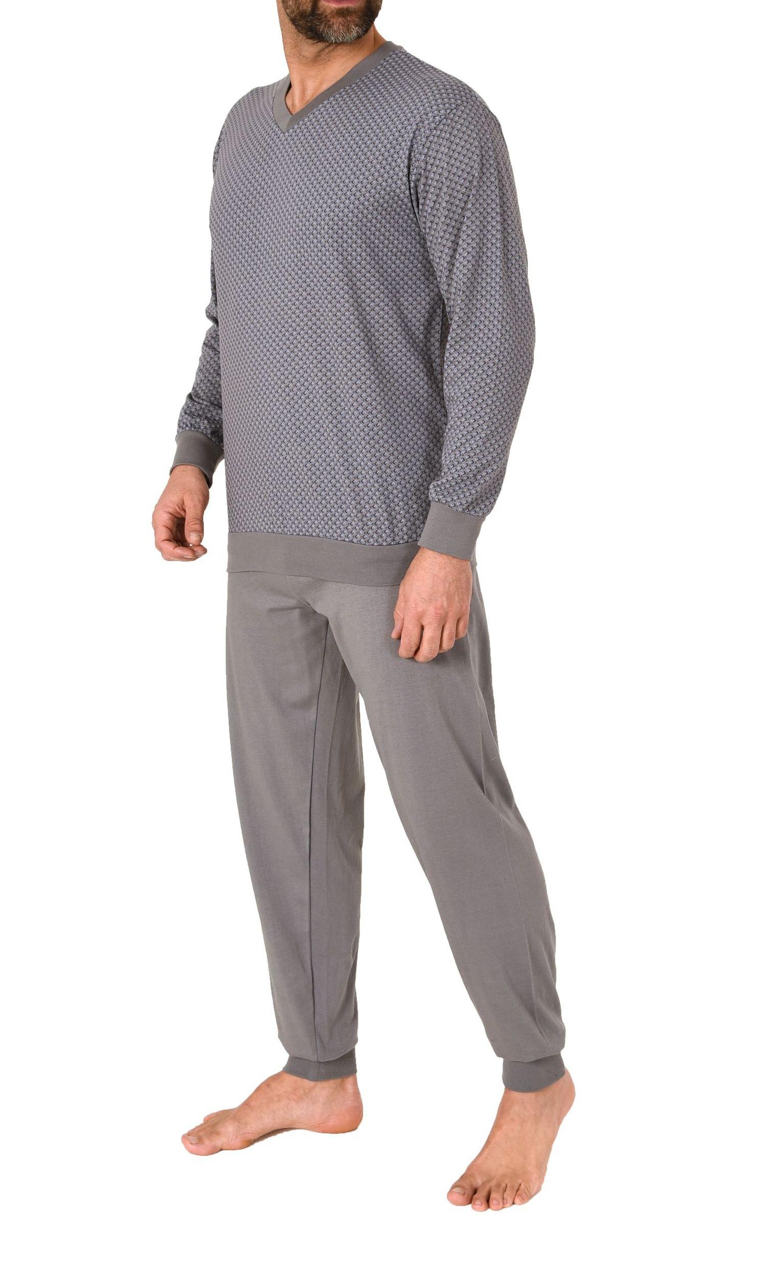 Herren langarm Schlafanzug mit Bündchen Pyjama in eleganter Minimalprint Optik