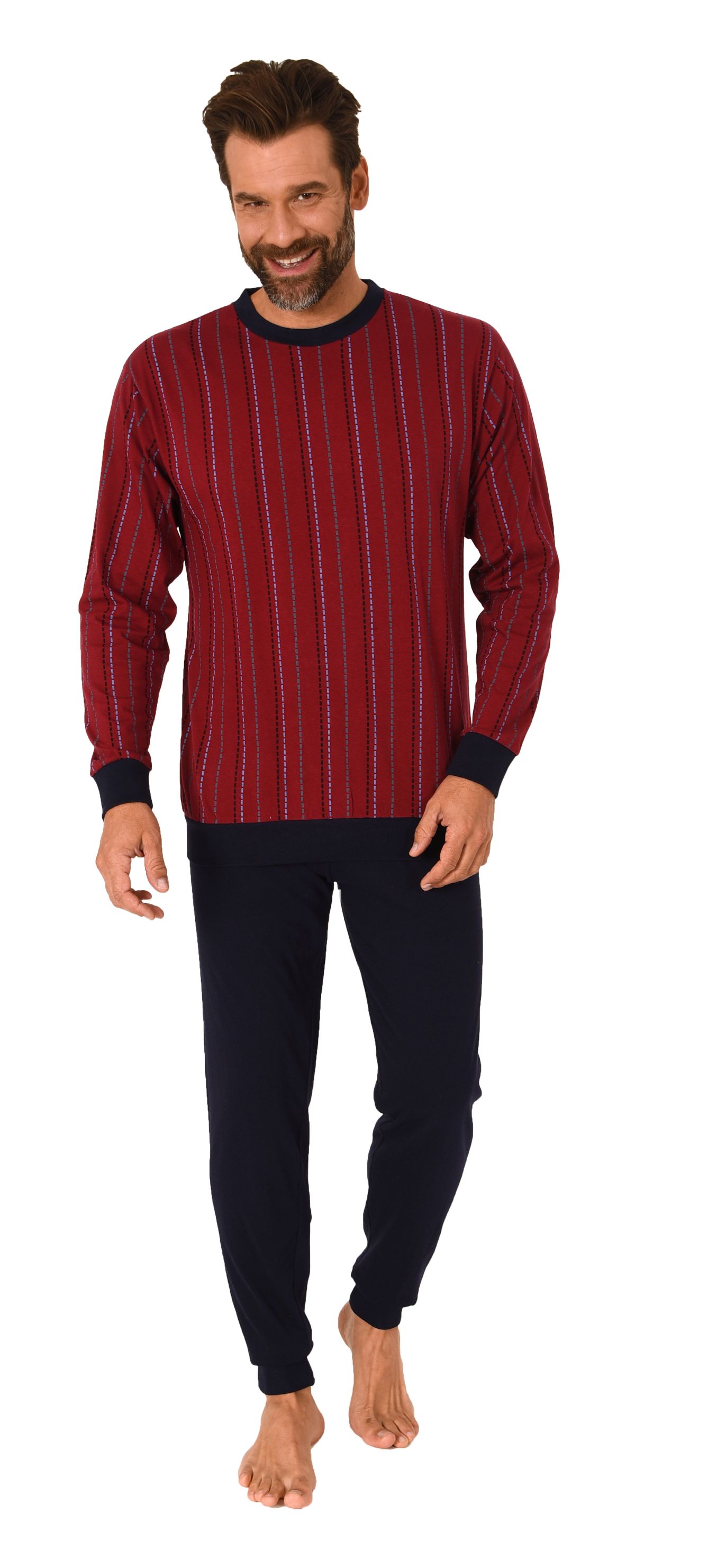 Herren langarm Schlafanzug mit Bündchen Pyjama in eleganter Streifenoptik Herren langarm Schlafanzug mit Bündchen Pyjama in eleganter Streifenoptik