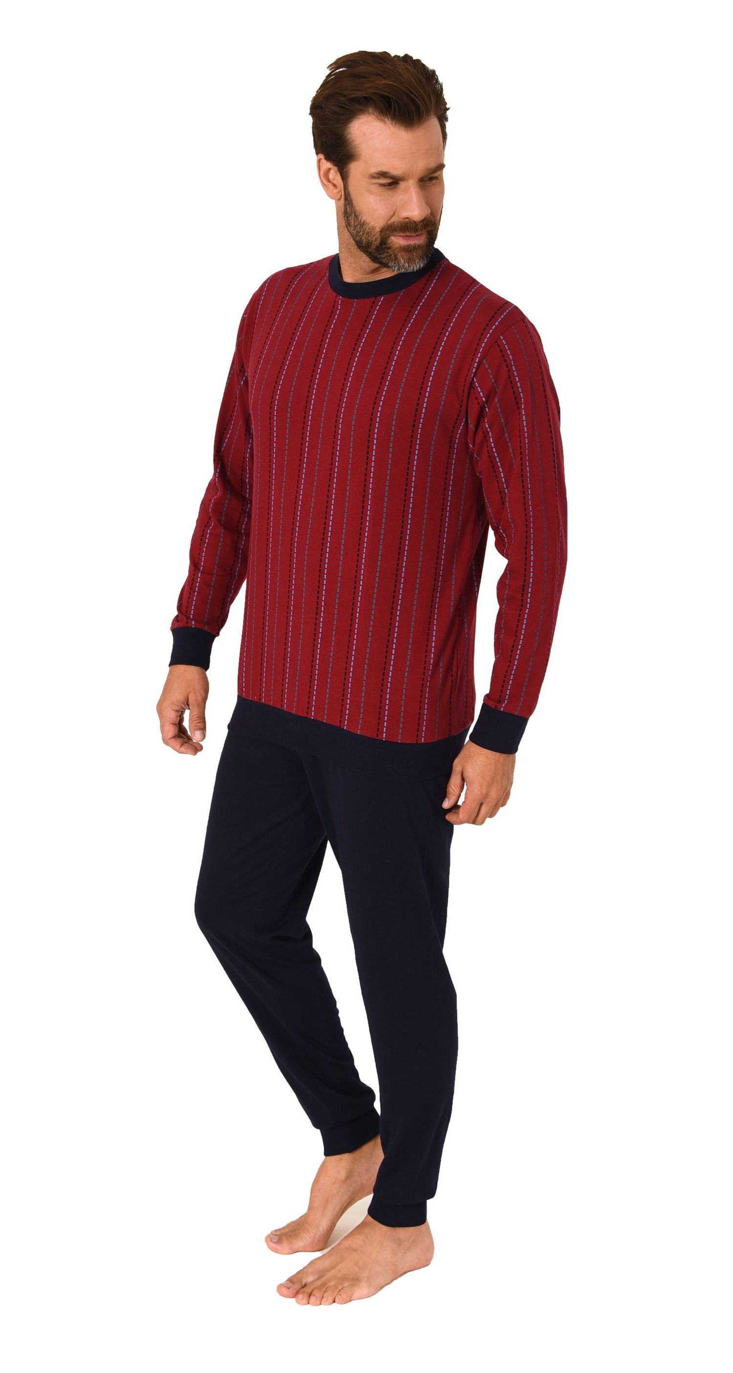Herren langarm Schlafanzug mit Bündchen Pyjama in eleganter Streifenoptik Herren langarm Schlafanzug mit Bündchen Pyjama in eleganter Streifenoptik