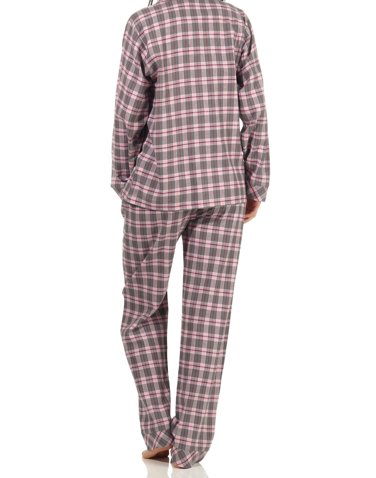 Normann Damen Flanell Schlafanzug lang Pyjama mit Knopfleiste und Hemdkragen