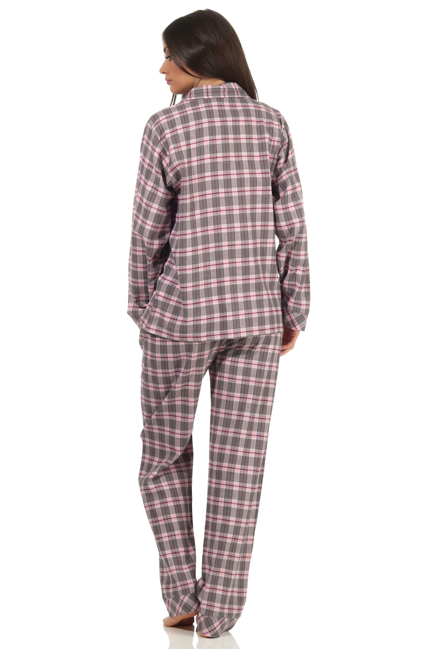 Normann Damen Flanell Schlafanzug lang Pyjama mit Knopfleiste und Hemdkragen