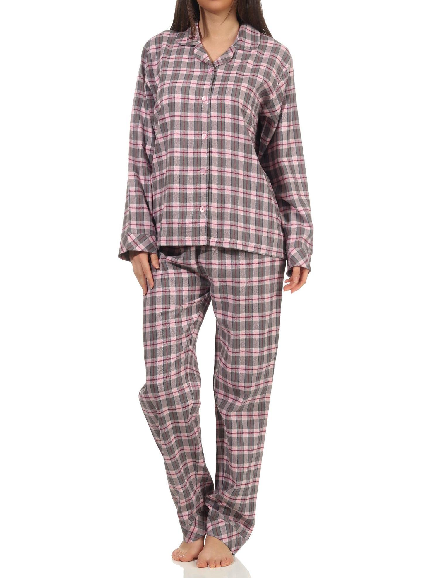 Normann Damen Flanell Schlafanzug lang Pyjama mit Knopfleiste und Hemdkragen